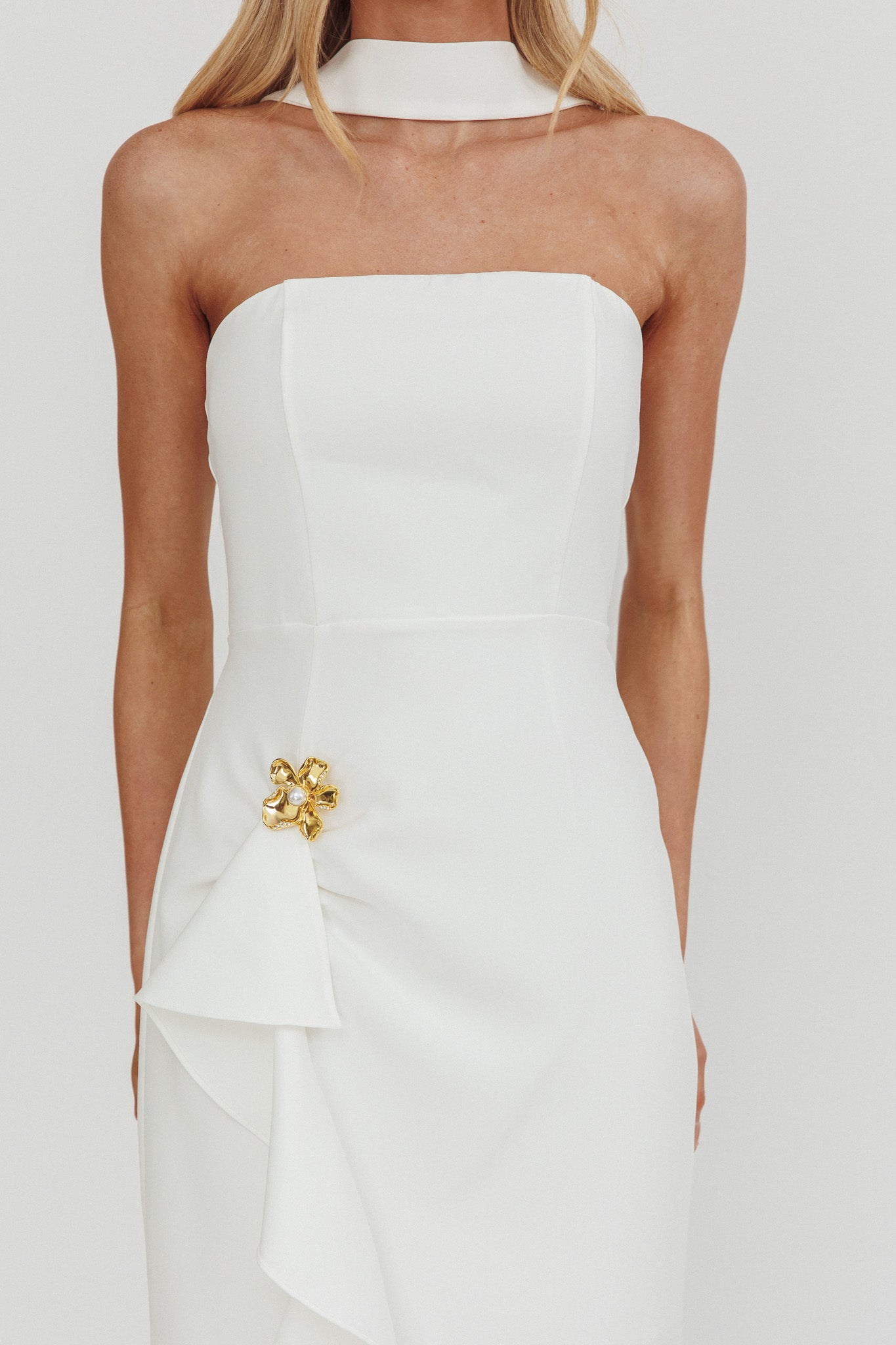 Selora Strapless Ruffle Maxi Dress White by Selfie Leslie Australia