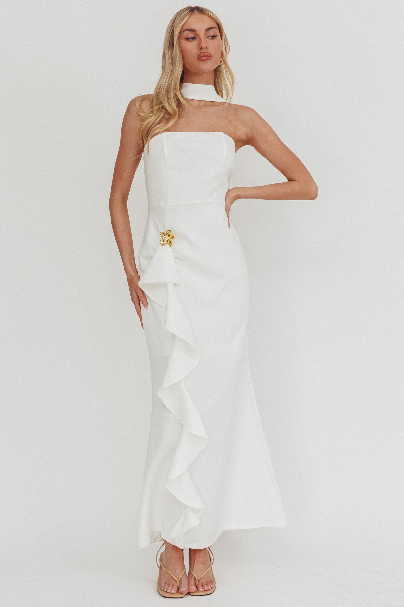 Selora Strapless Ruffle Maxi Dress White by Selfie Leslie Australia