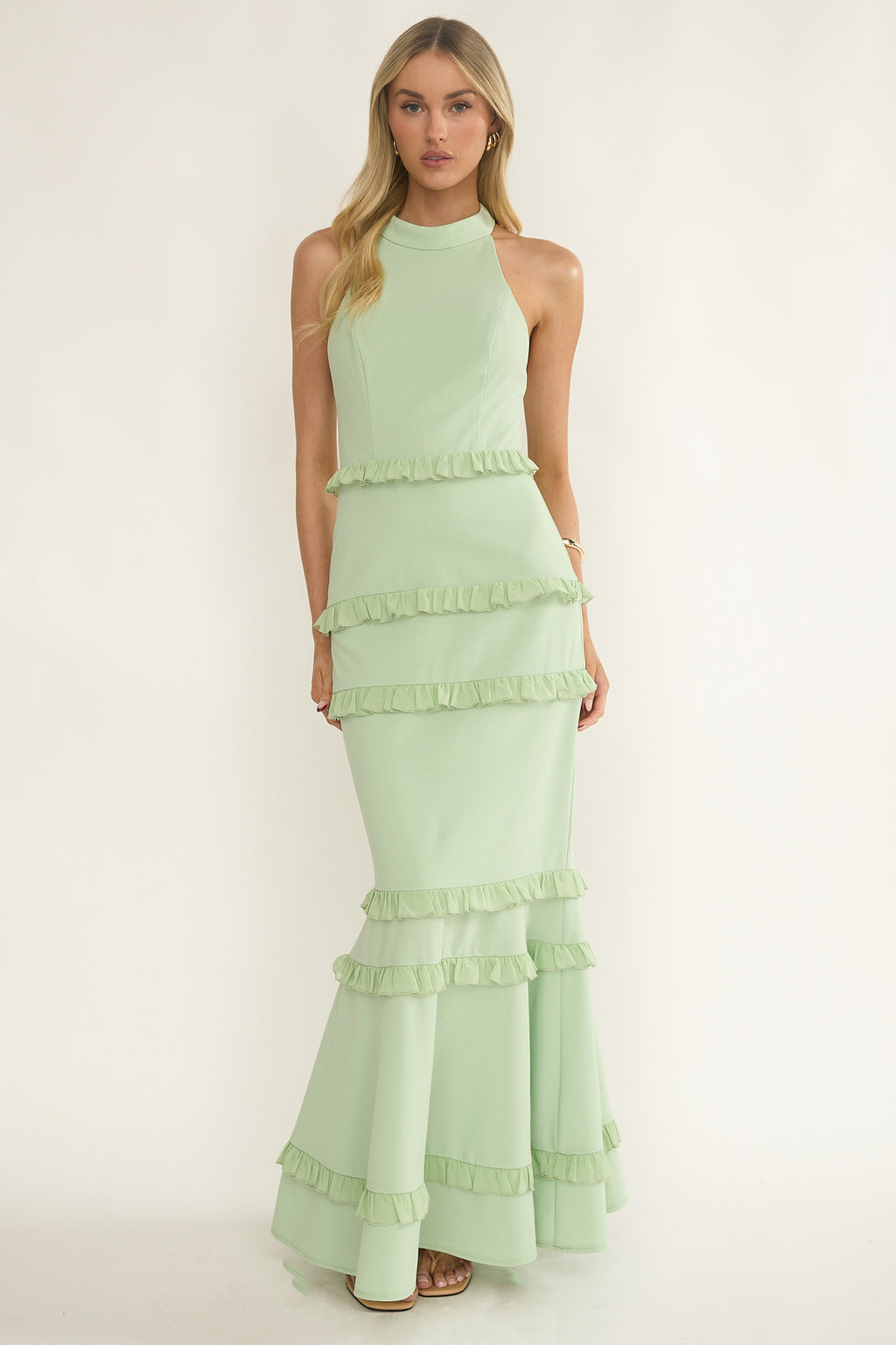 Haze Frill Trim Halterneck Maxi Dress Sage by Selfie Leslie Australia