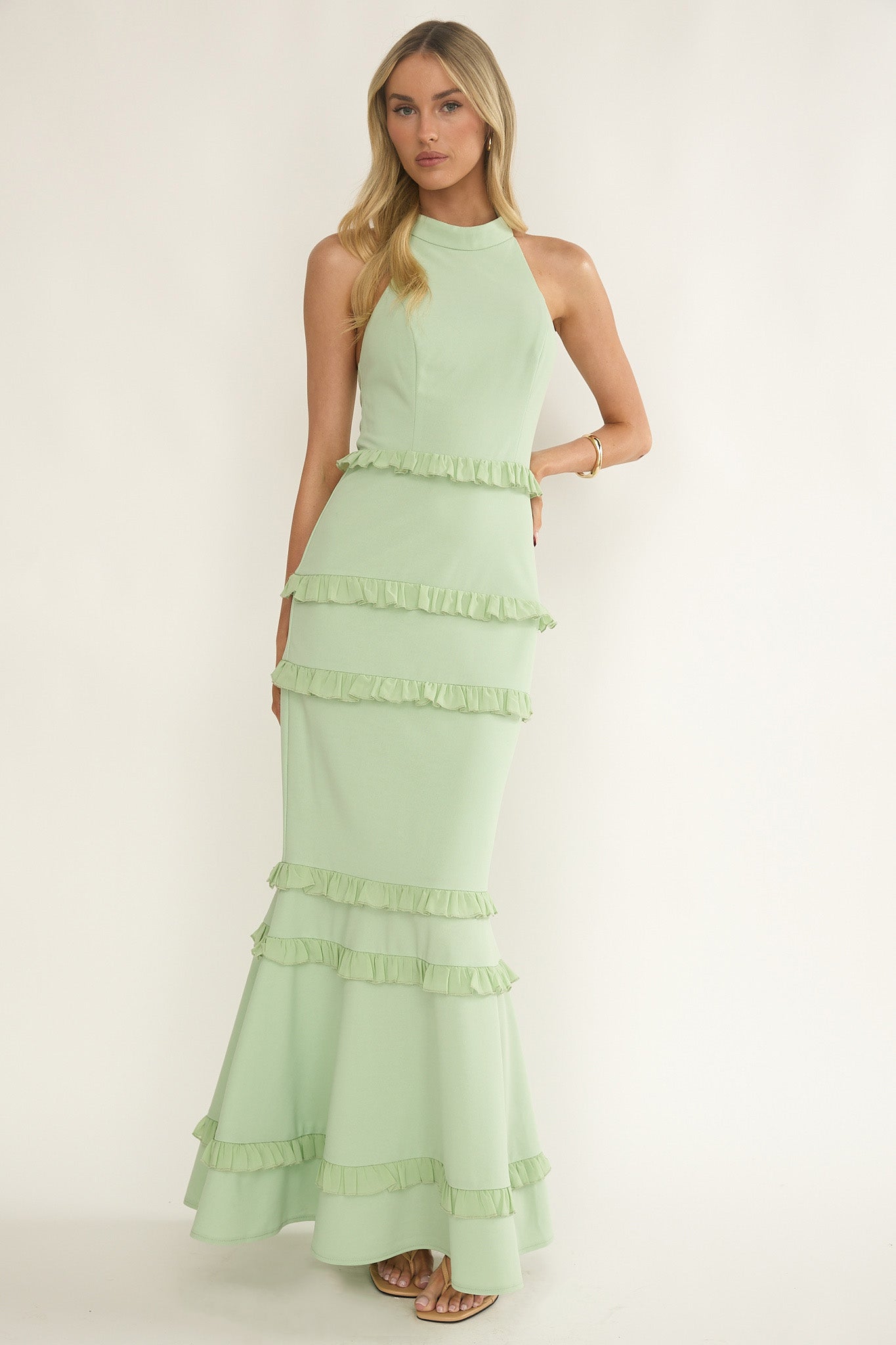 Haze Frill Trim Halterneck Maxi Dress Sage by Selfie Leslie Australia