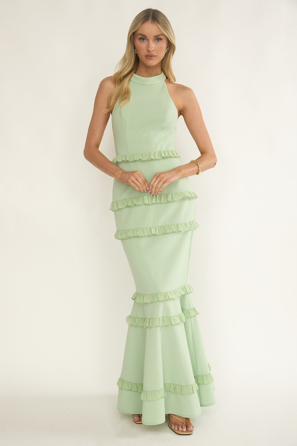 Haze Frill Trim Halterneck Maxi Dress Sage by Selfie Leslie Australia