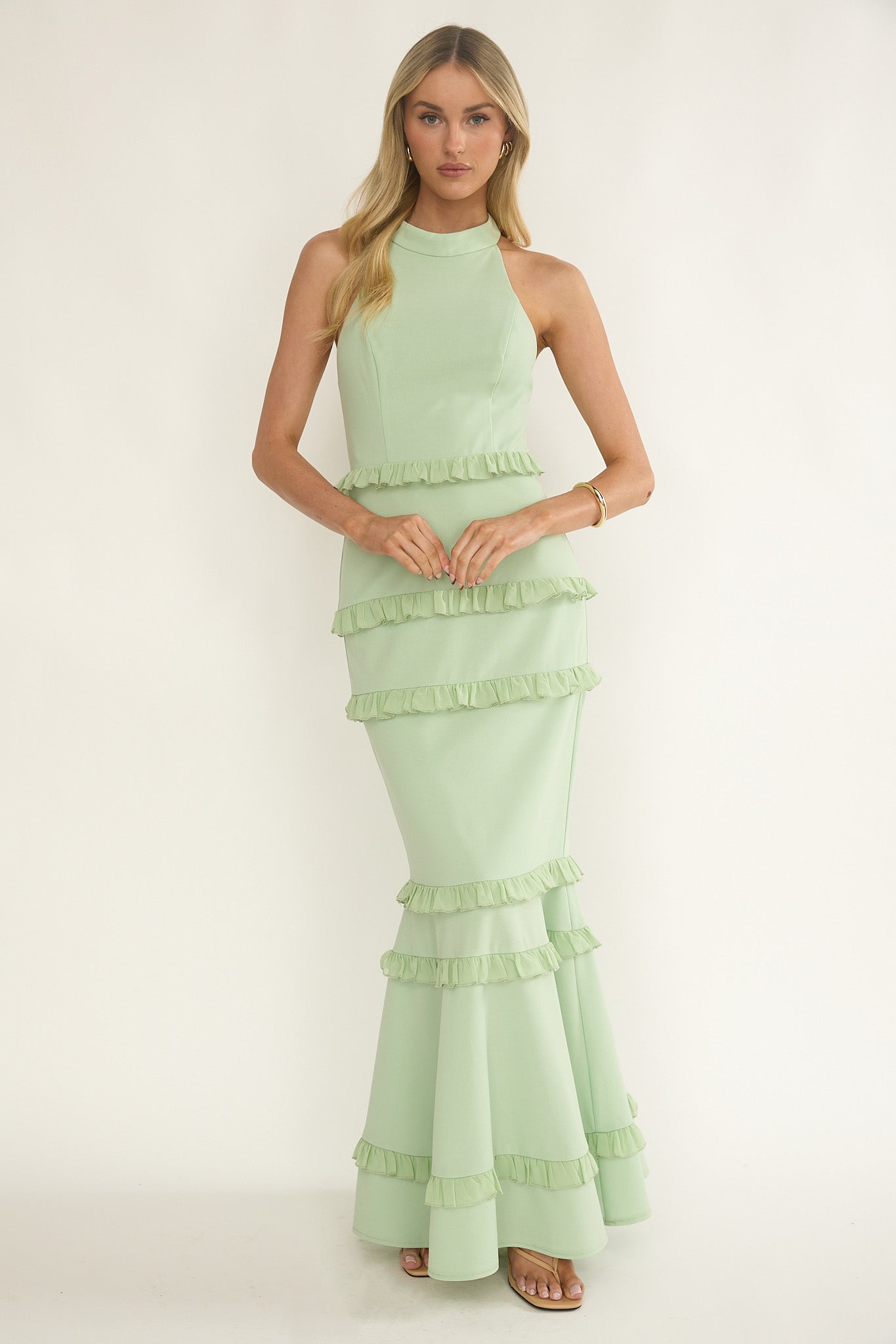 Haze Frill Trim Halterneck Maxi Dress Sage by Selfie Leslie Australia