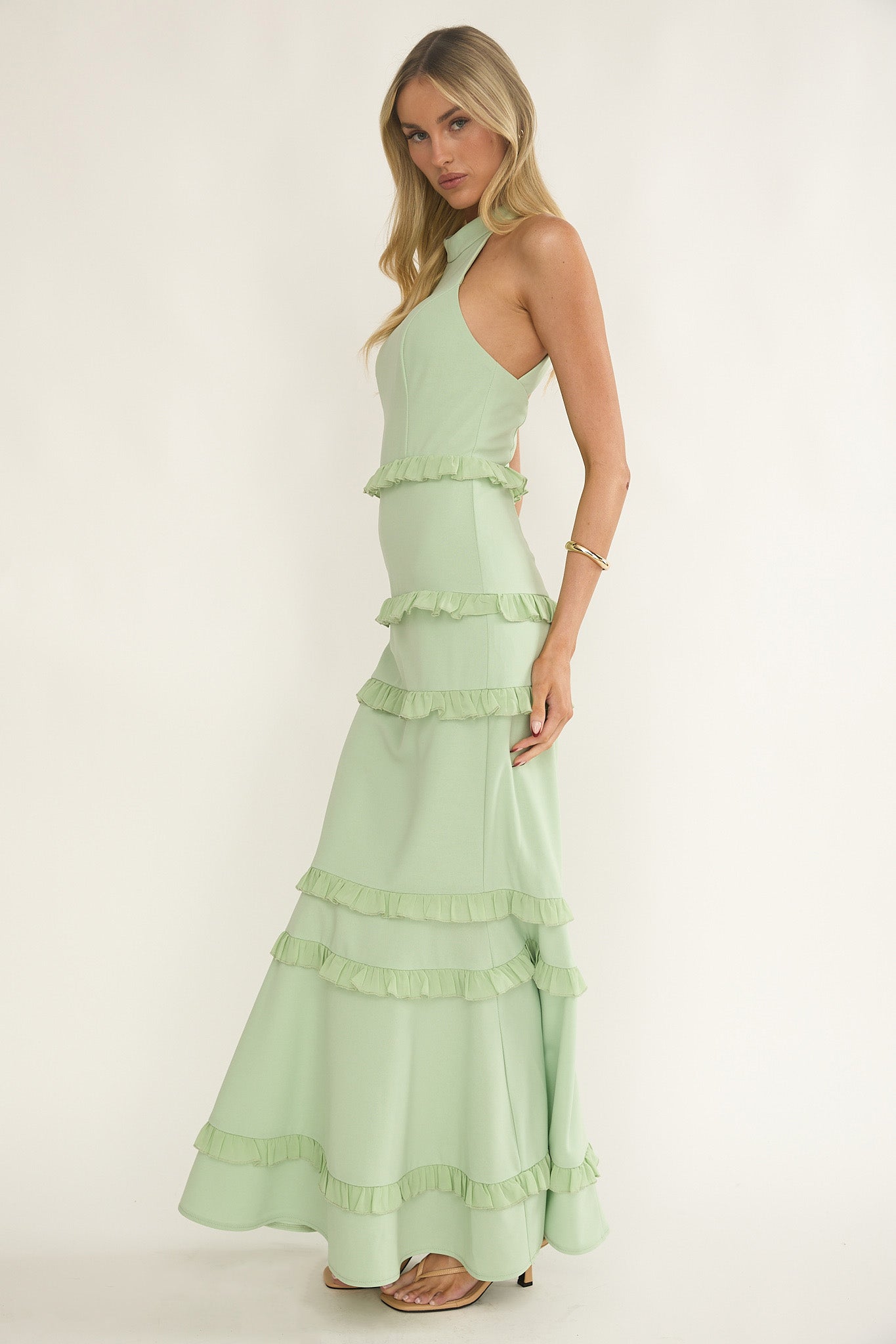 Haze Frill Trim Halterneck Maxi Dress Sage by Selfie Leslie Australia