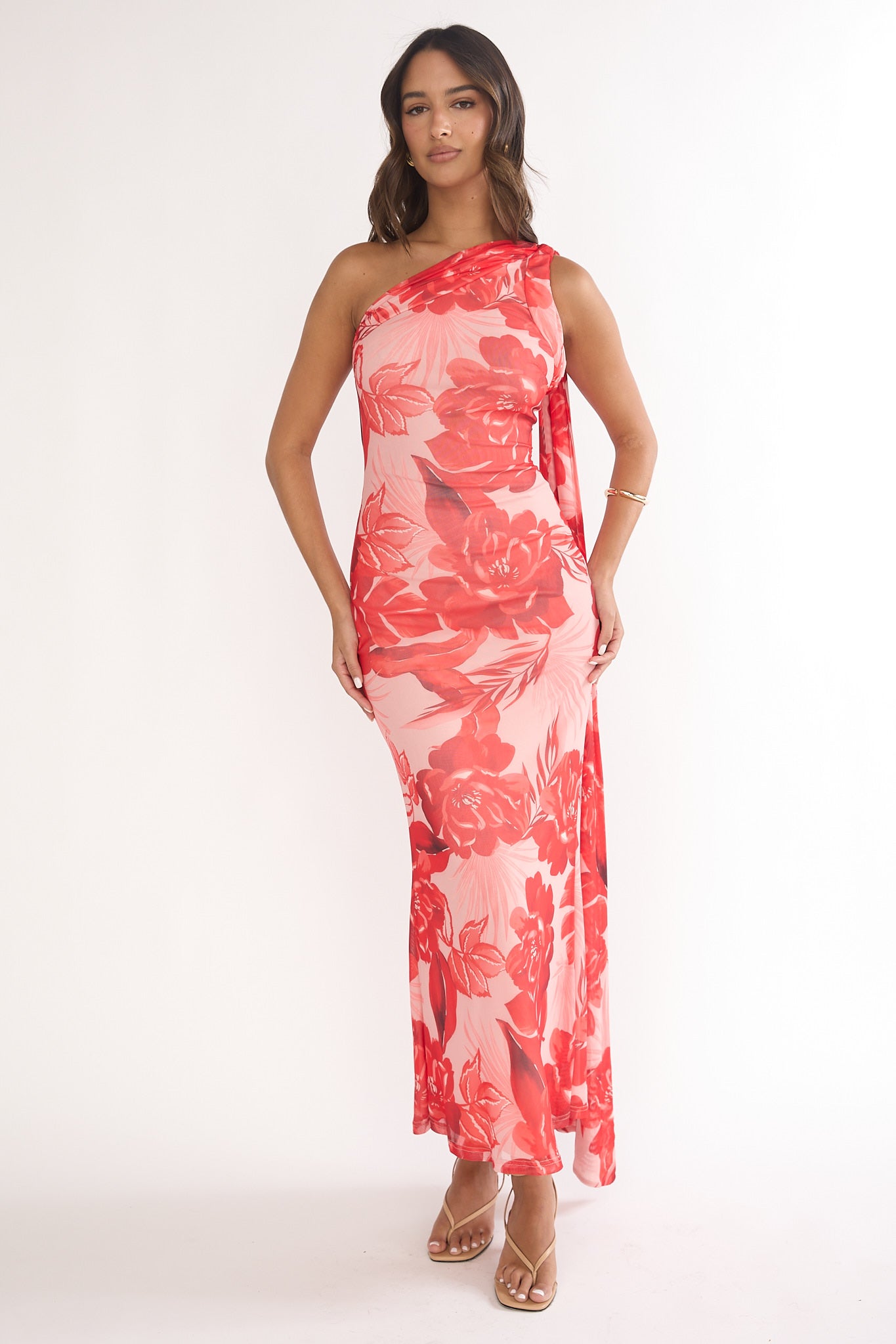 Ilyse Neck Scarf One-Shoulder Maxi Dress Floral Red by Selfie Leslie Australia