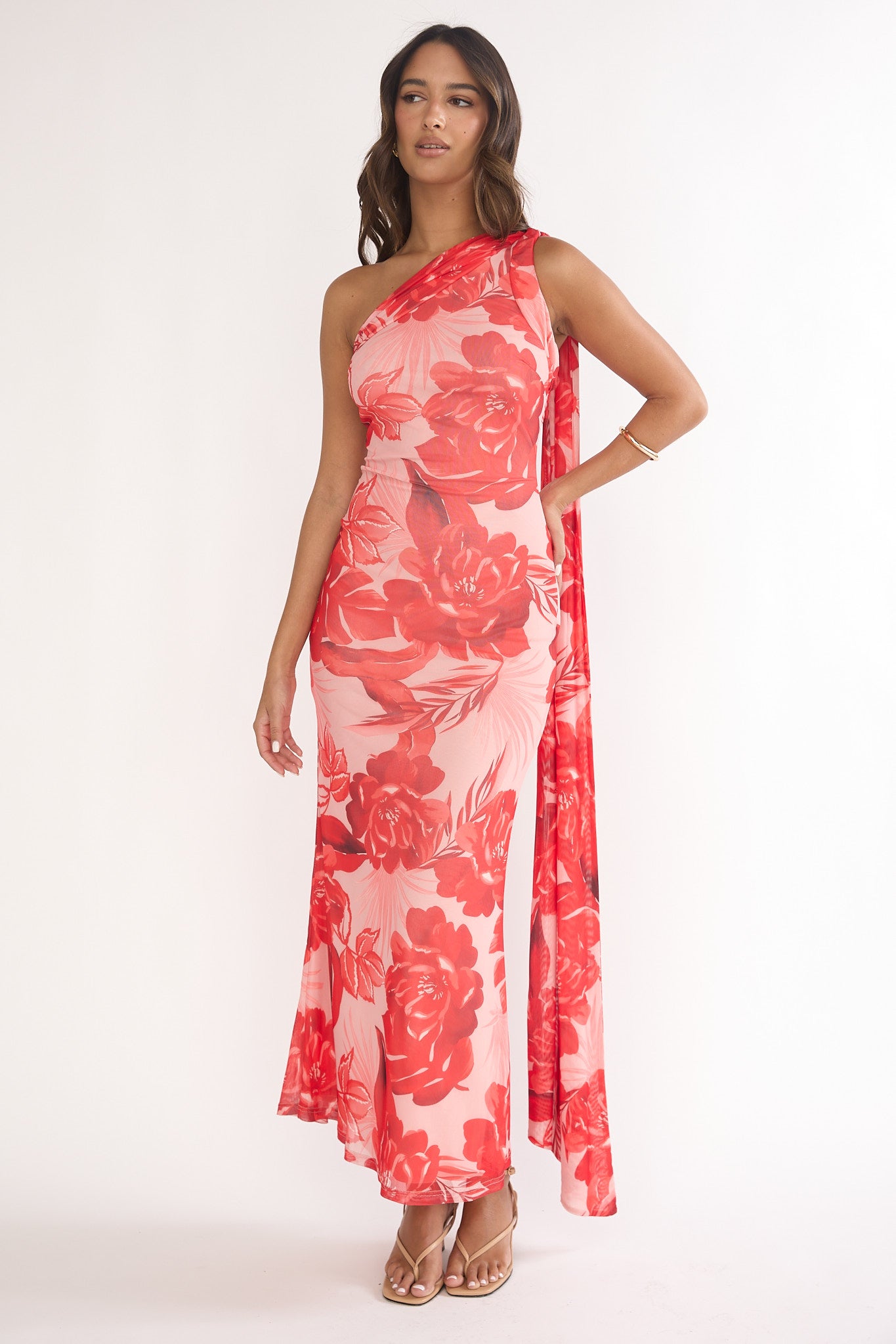 Ilyse Neck Scarf One-Shoulder Maxi Dress Floral Red by Selfie Leslie Australia