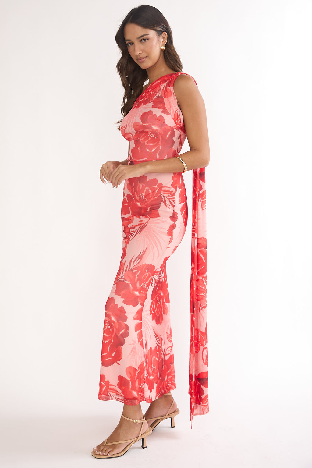 Ilyse Neck Scarf One-Shoulder Maxi Dress Floral Red by Selfie Leslie Australia