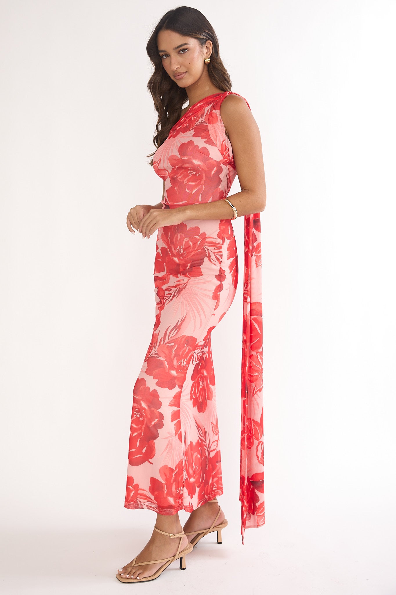 Ilyse Neck Scarf One-Shoulder Maxi Dress Floral Red by Selfie Leslie Australia