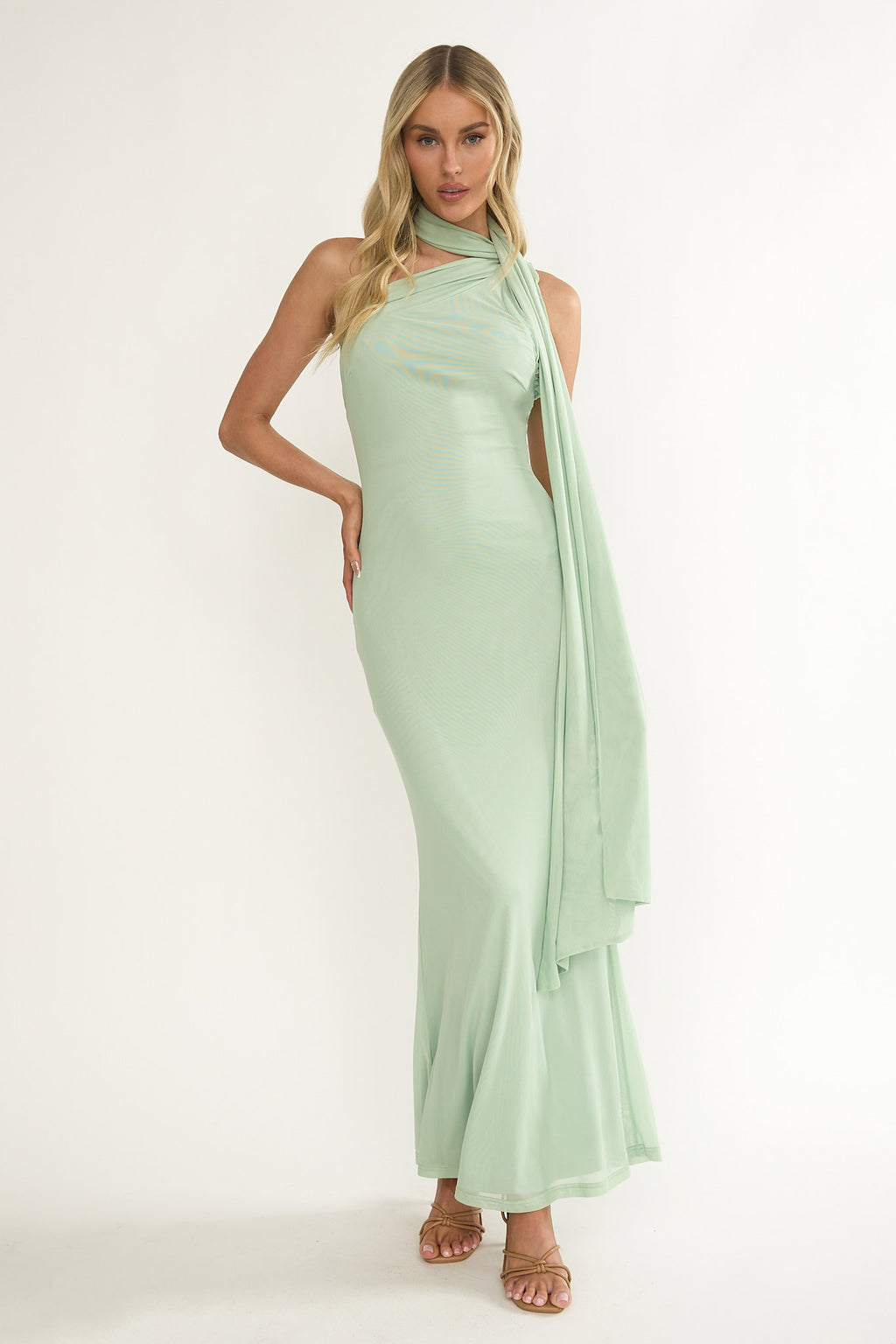 Ilyse Neck Scarf One-Shoulder Maxi Dress Mint by Selfie Leslie Australia