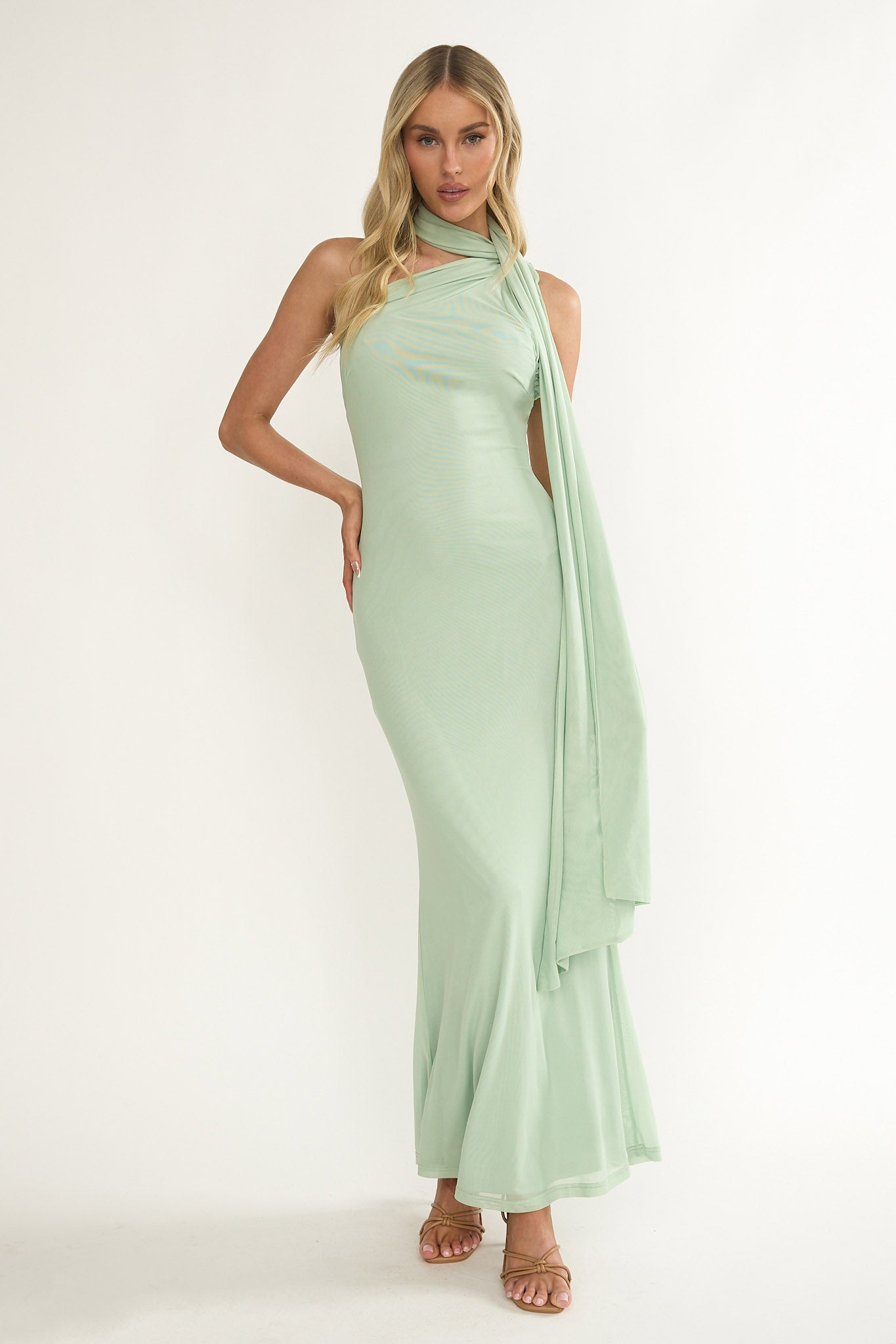 Ilyse Neck Scarf One-Shoulder Maxi Dress Mint by Selfie Leslie Australia