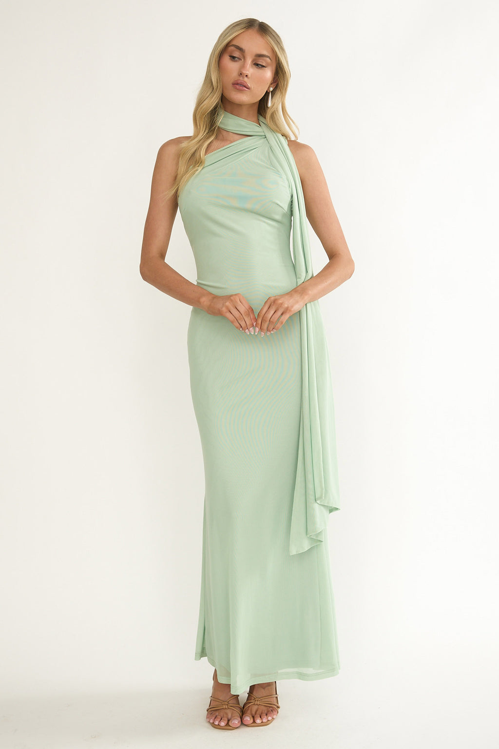 Ilyse Neck Scarf One-Shoulder Maxi Dress Mint by Selfie Leslie Australia