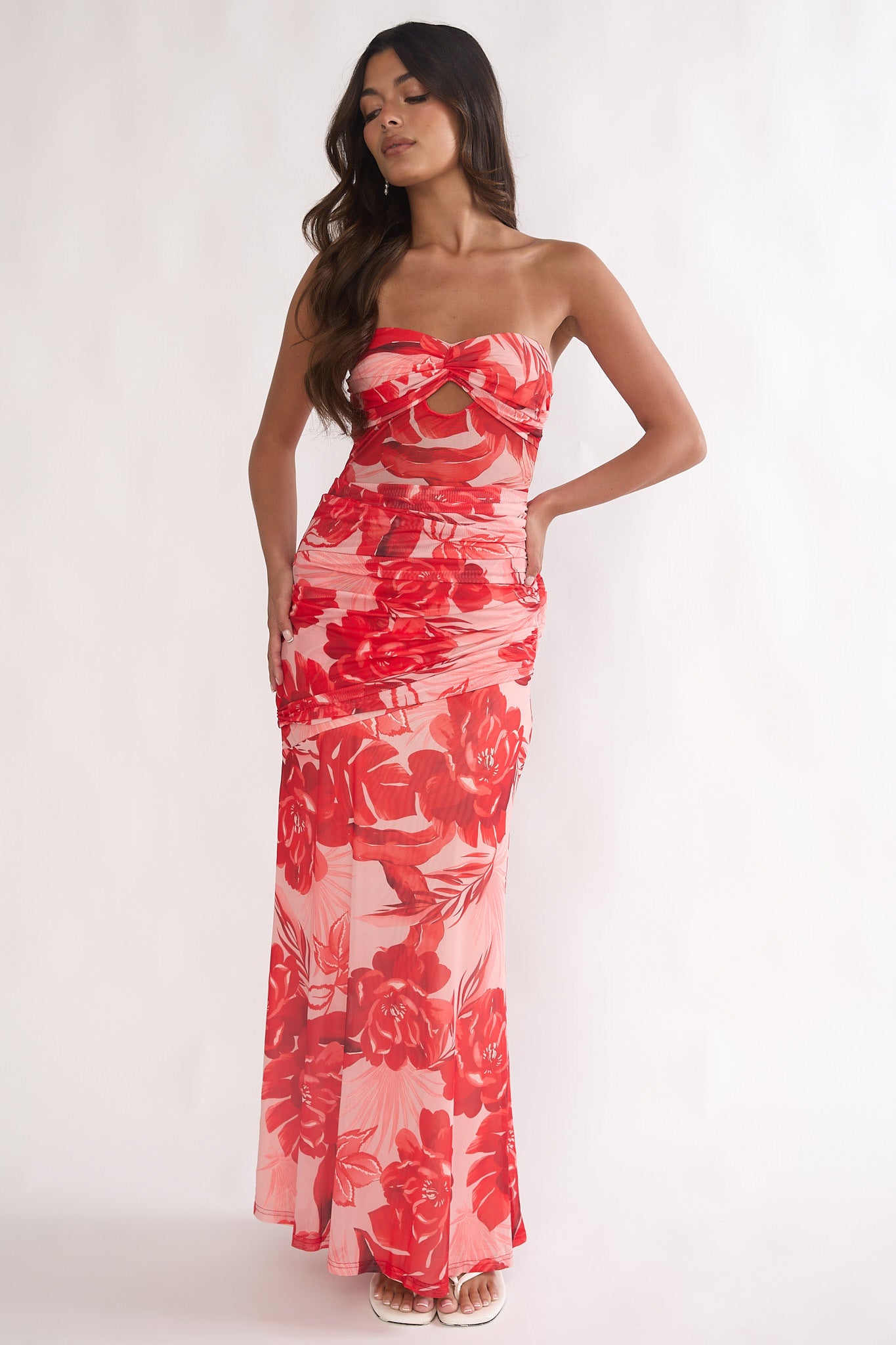 Kallira Strapless Ruched Maxi Dress Floral Red by Selfie Leslie Australia