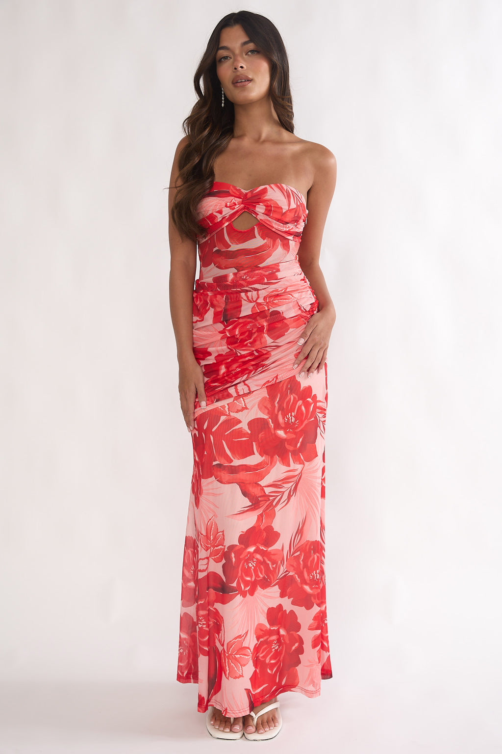 Kallira Strapless Ruched Maxi Dress Floral Red by Selfie Leslie Australia