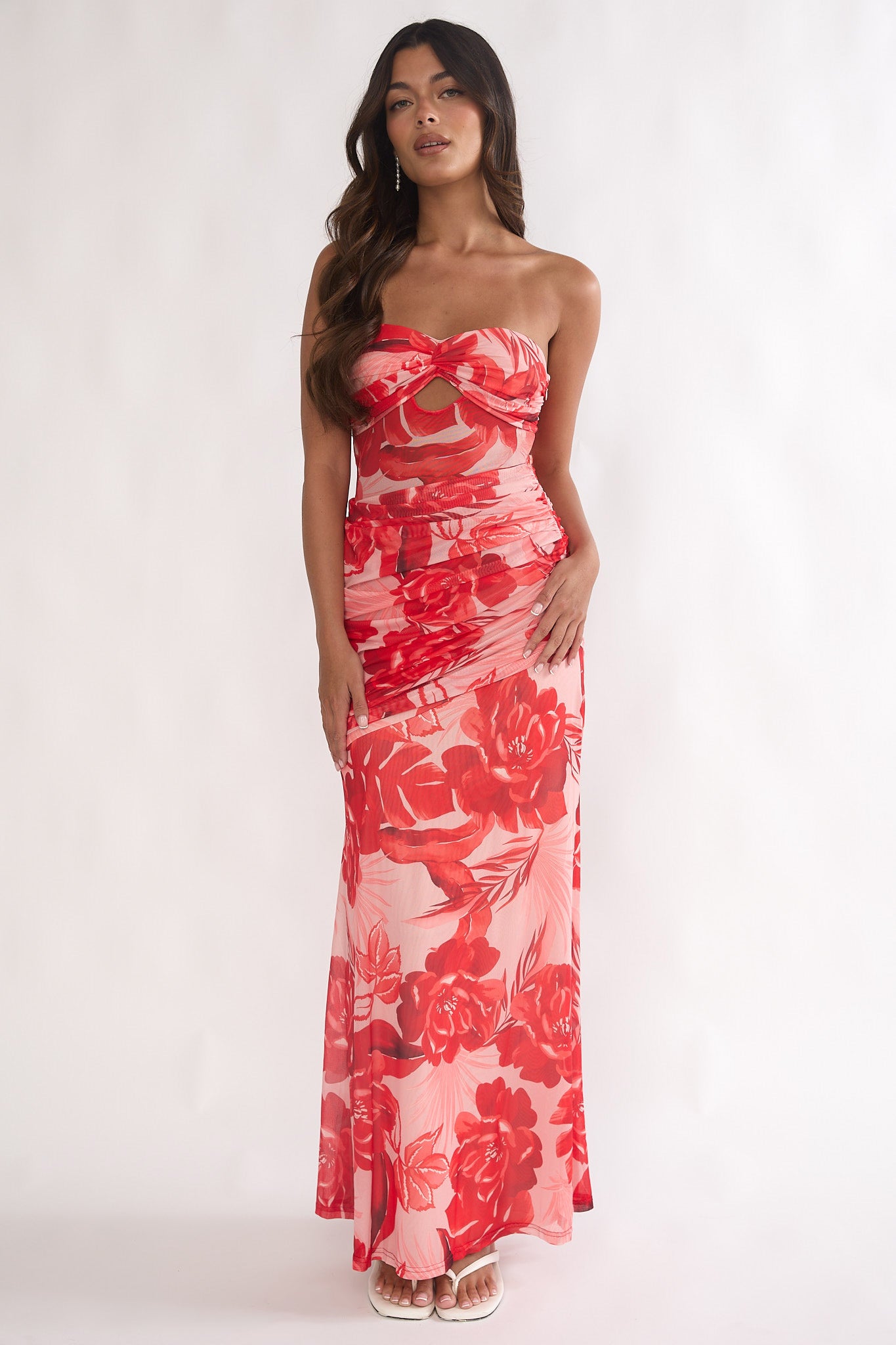 Kallira Strapless Ruched Maxi Dress Floral Red by Selfie Leslie Australia