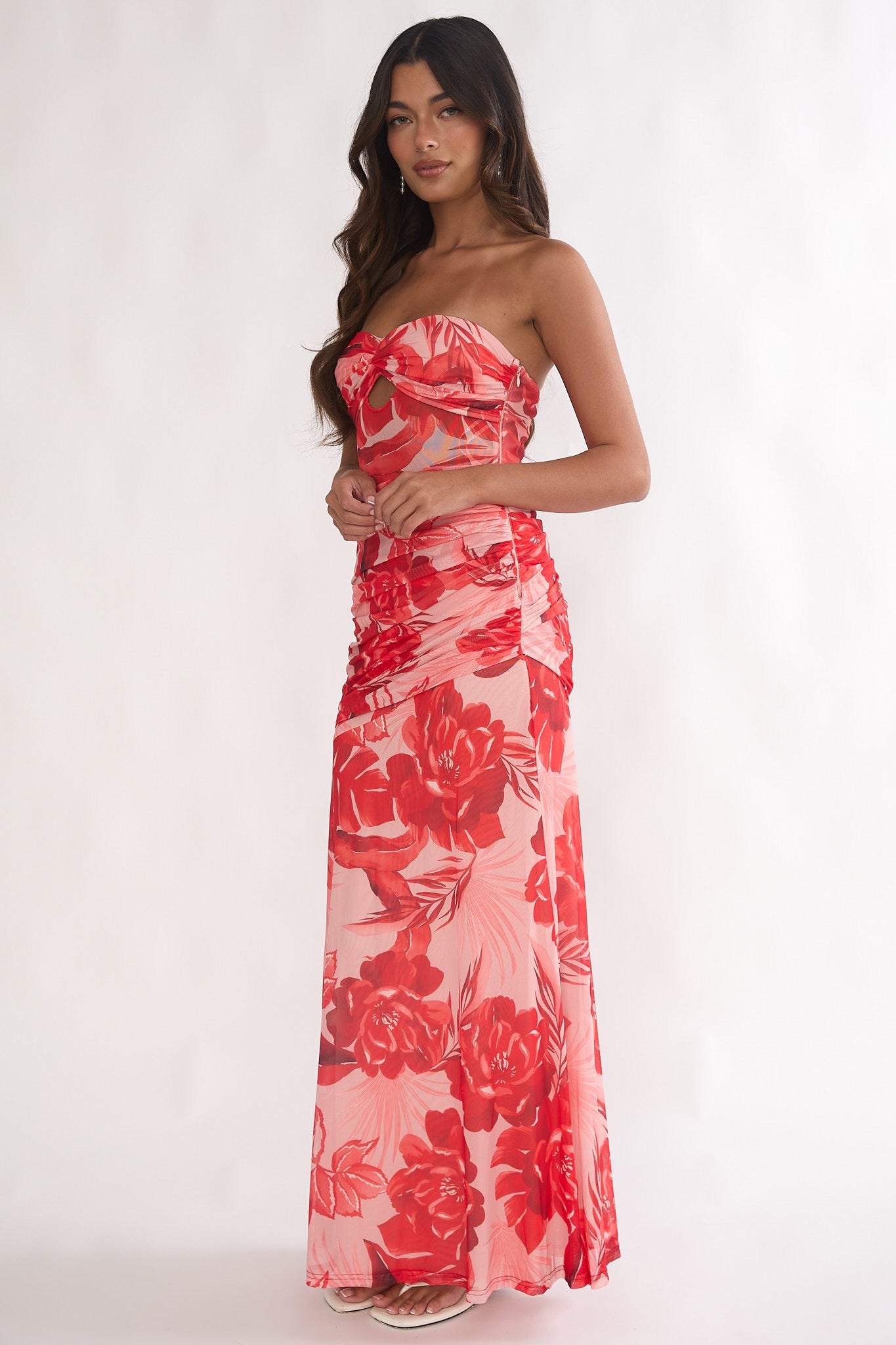 Kallira Strapless Ruched Maxi Dress Floral Red by Selfie Leslie Australia