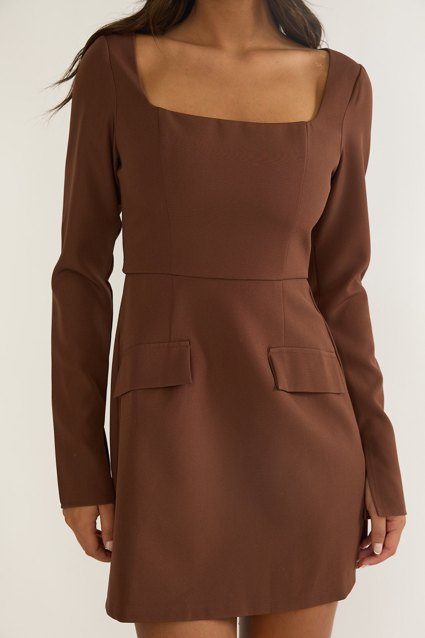 Calenne Long Sleeve Faux Pocket Mini Dress Coffee by Selfie Leslie Australia