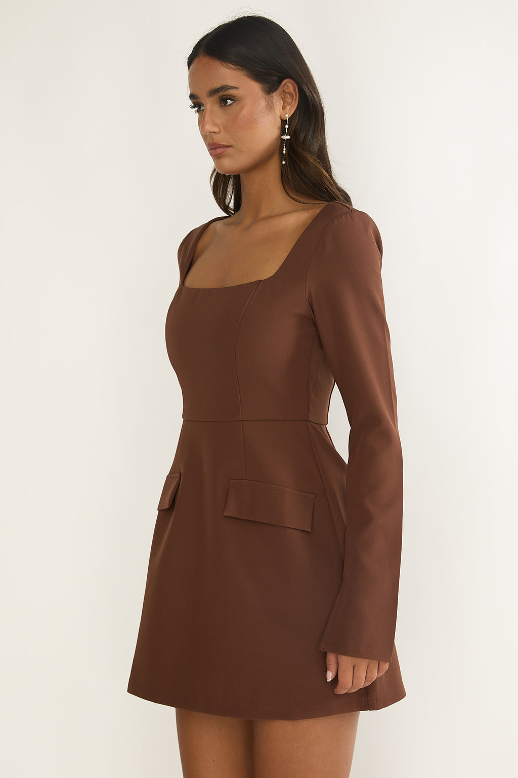 Calenne Long Sleeve Faux Pocket Mini Dress Coffee by Selfie Leslie Australia