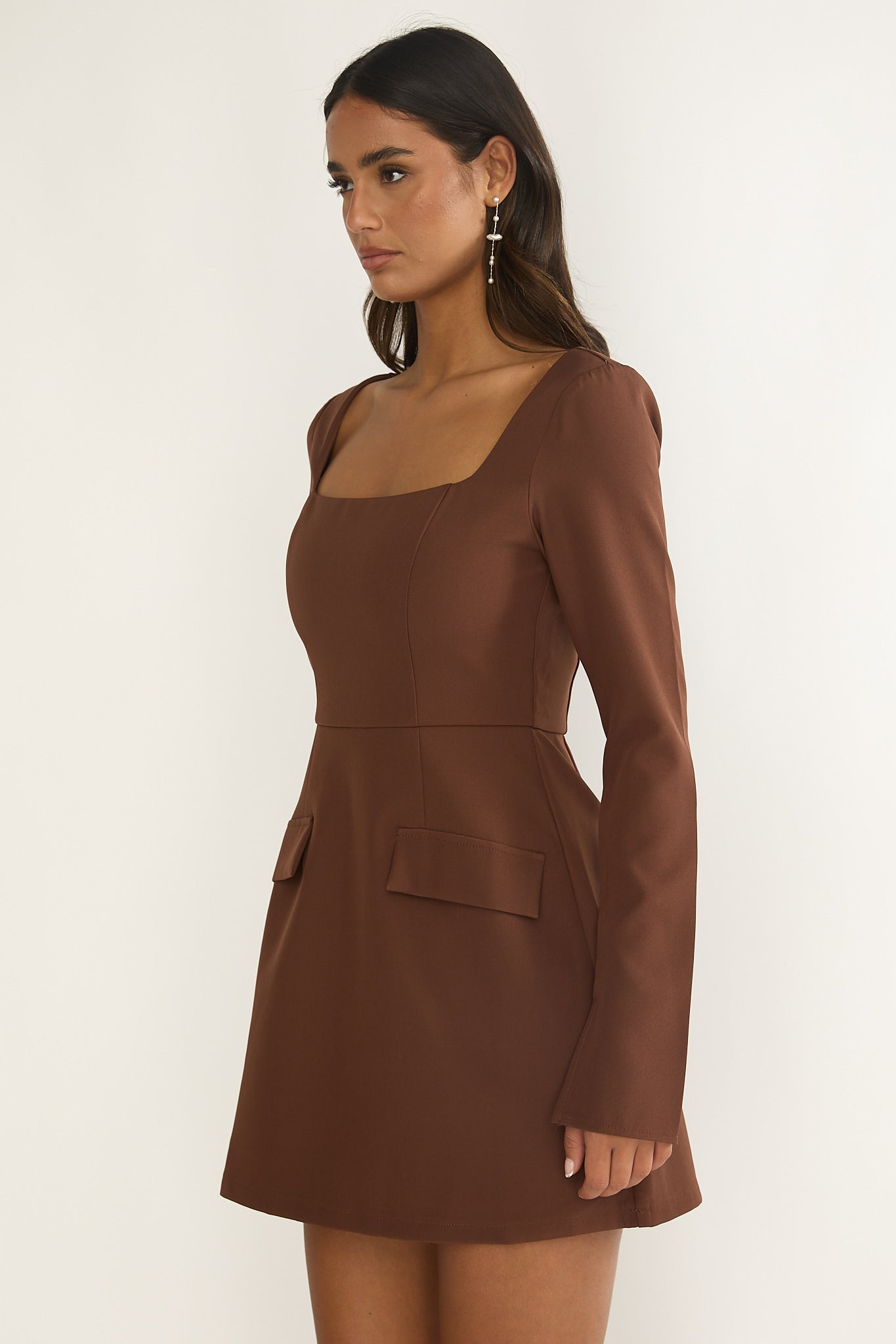 Calenne Long Sleeve Faux Pocket Mini Dress Coffee by Selfie Leslie Australia
