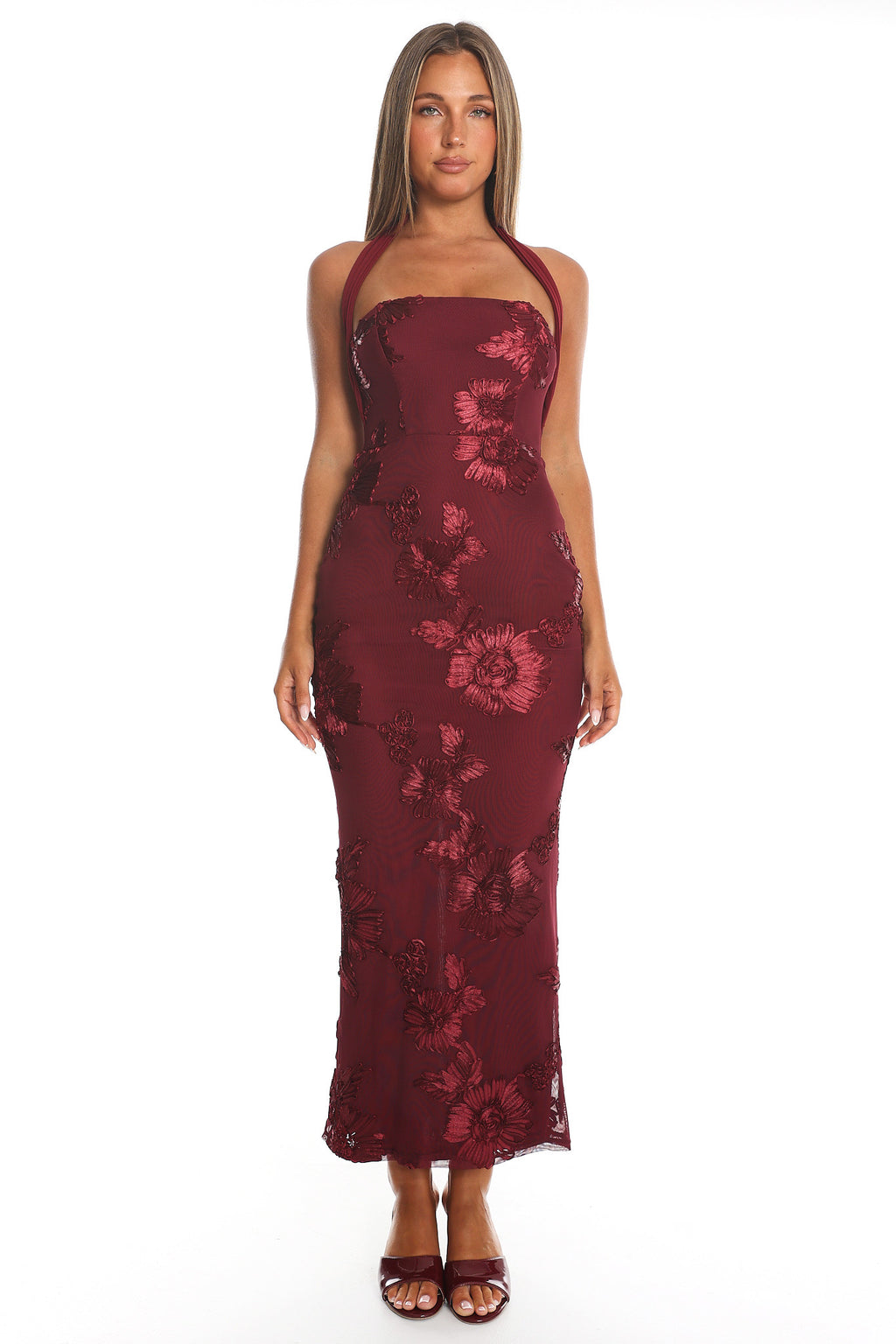 Serenya Halterneck Embellished Maxi Dress Wine by Selfie Leslie Australia
