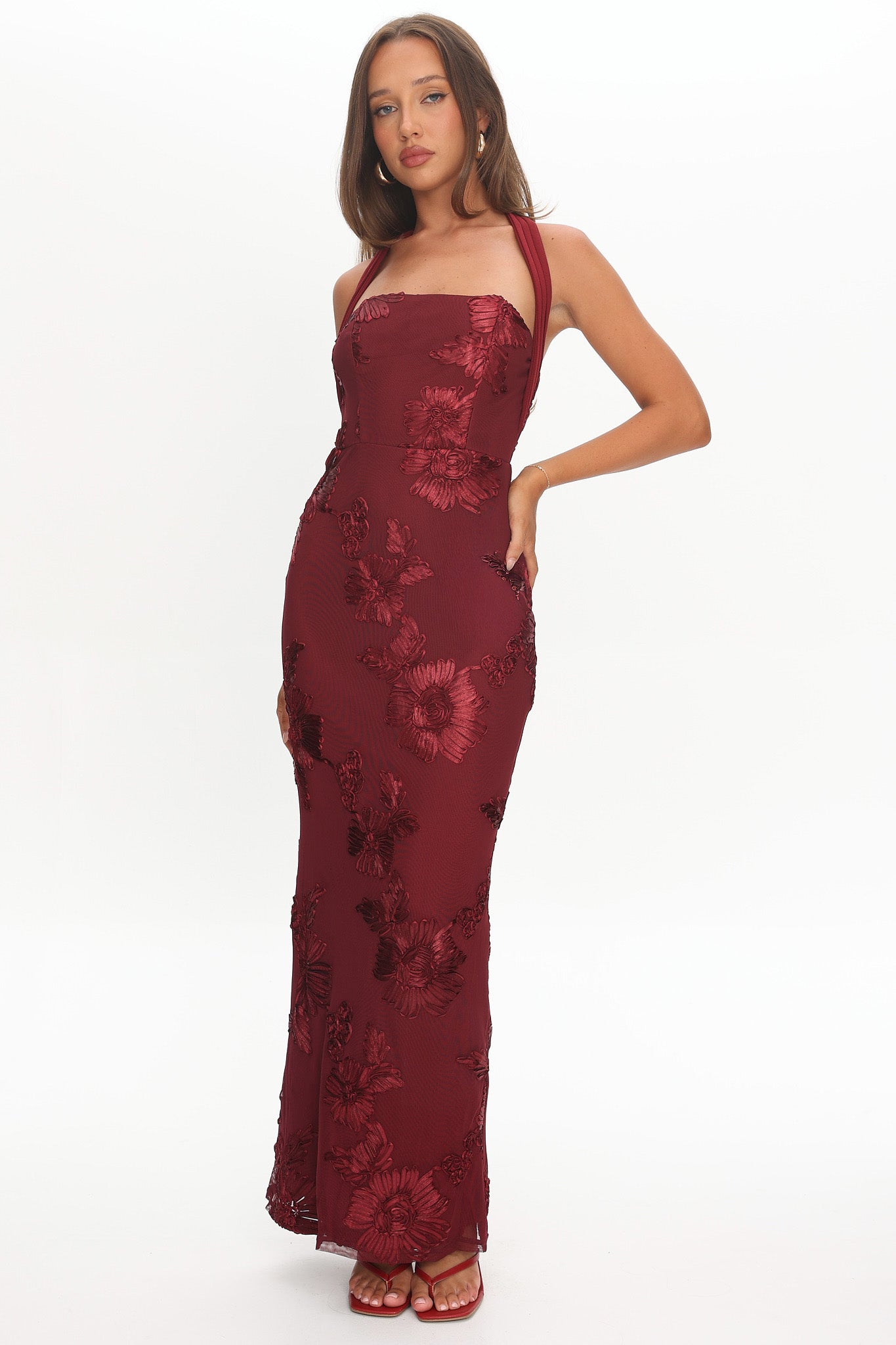 Serenya Halterneck Embellished Maxi Dress Wine by Selfie Leslie Australia