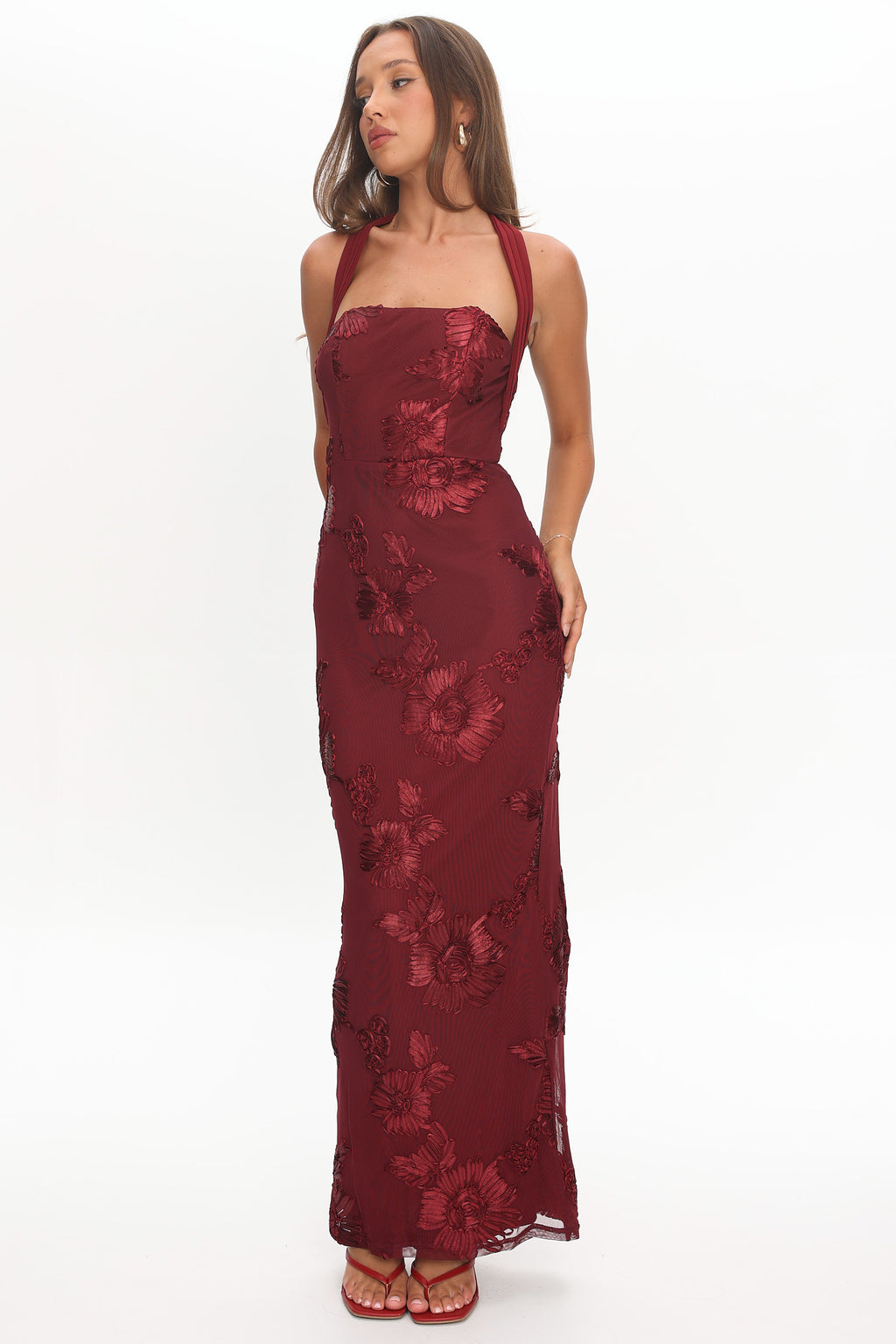 Serenya Halterneck Embellished Maxi Dress Wine by Selfie Leslie Australia