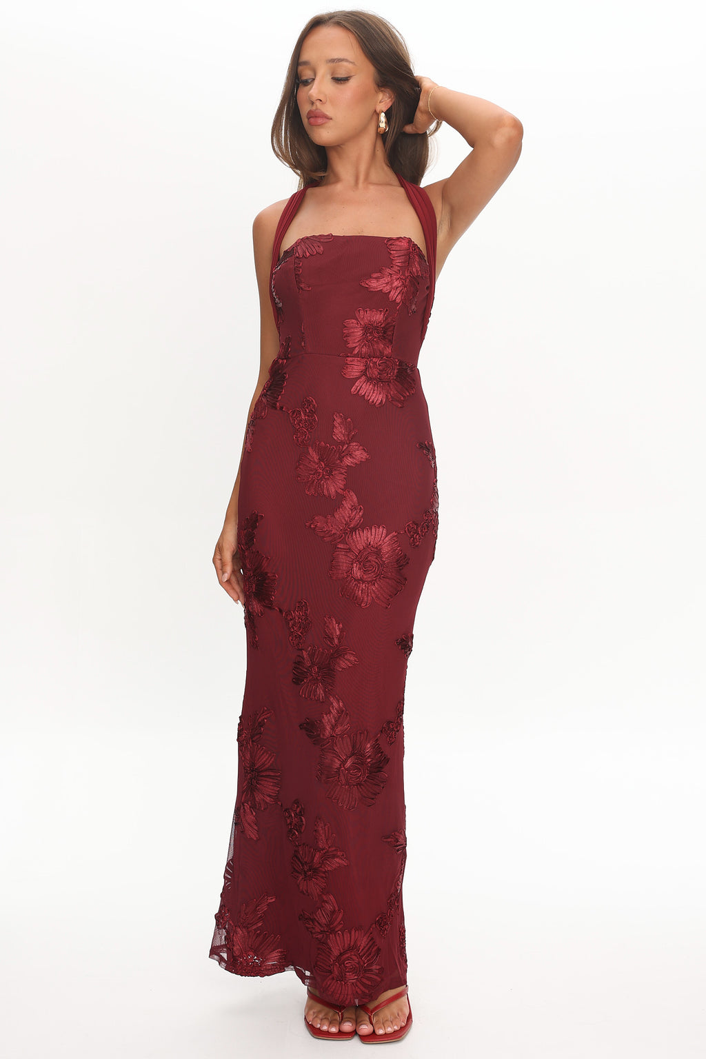 Serenya Halterneck Embellished Maxi Dress Wine by Selfie Leslie Australia