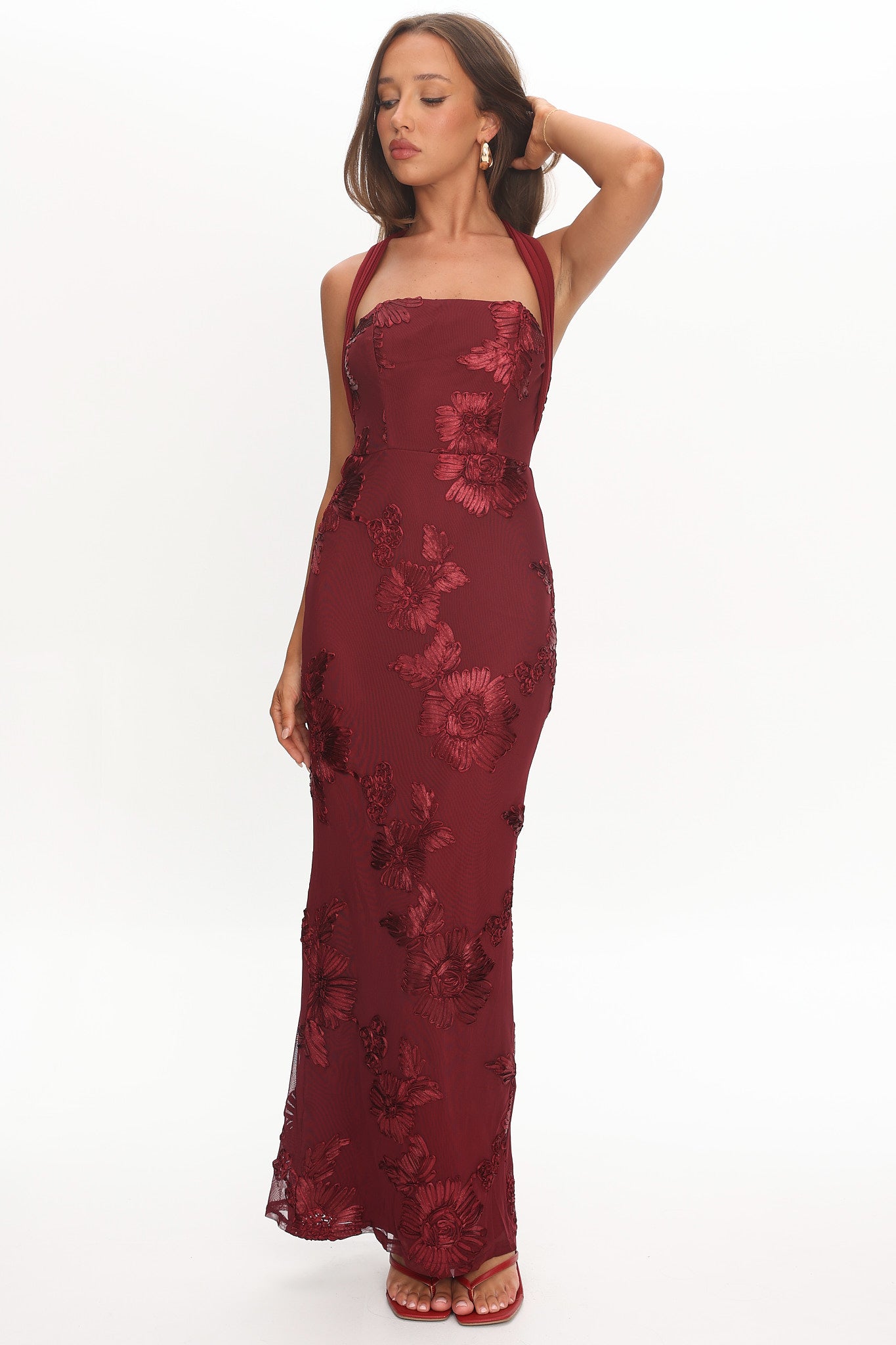 Serenya Halterneck Embellished Maxi Dress Wine by Selfie Leslie Australia