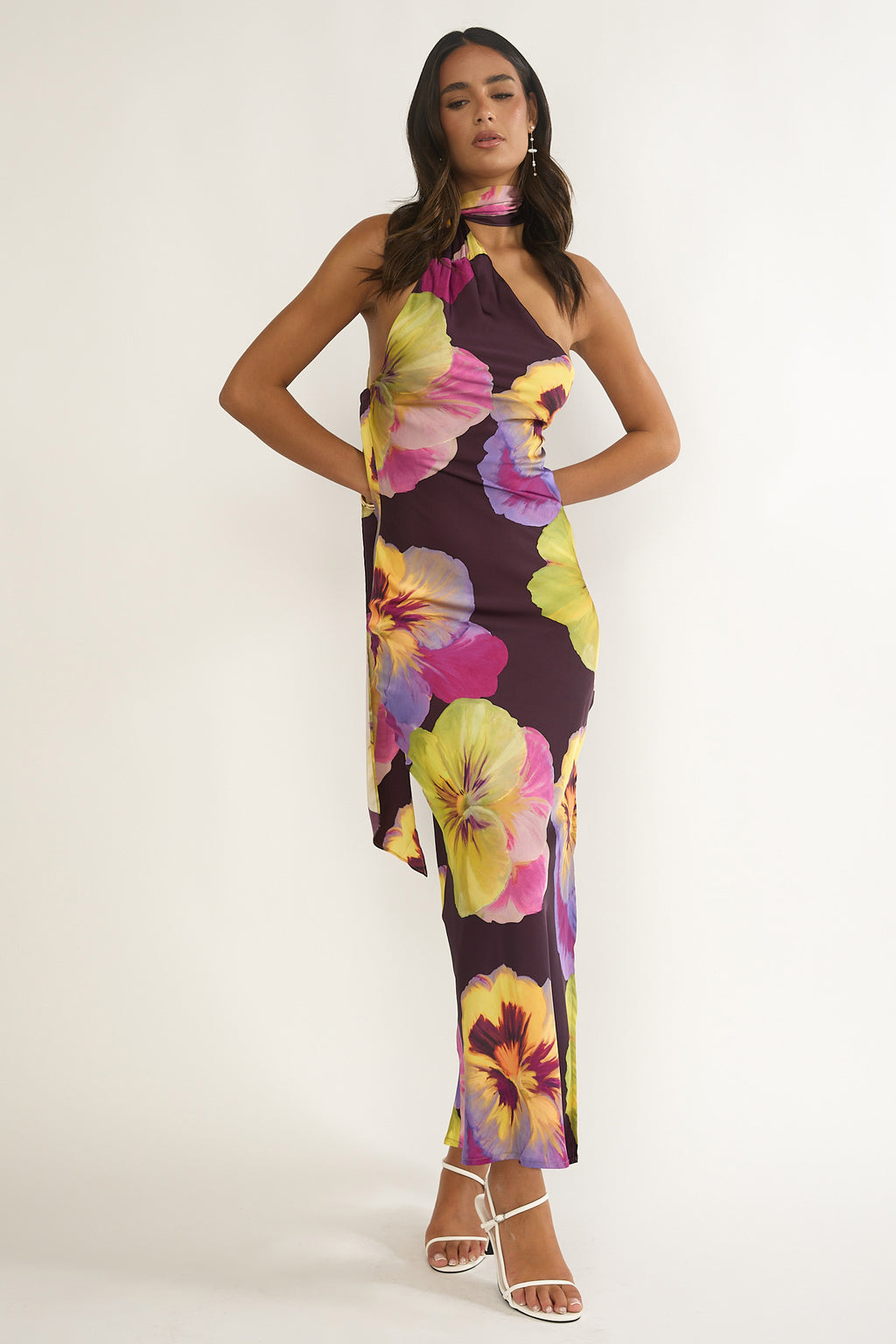 Ilyse Open Cowl Back Maxi Dress Pansies Plum by Selfie Leslie Australia