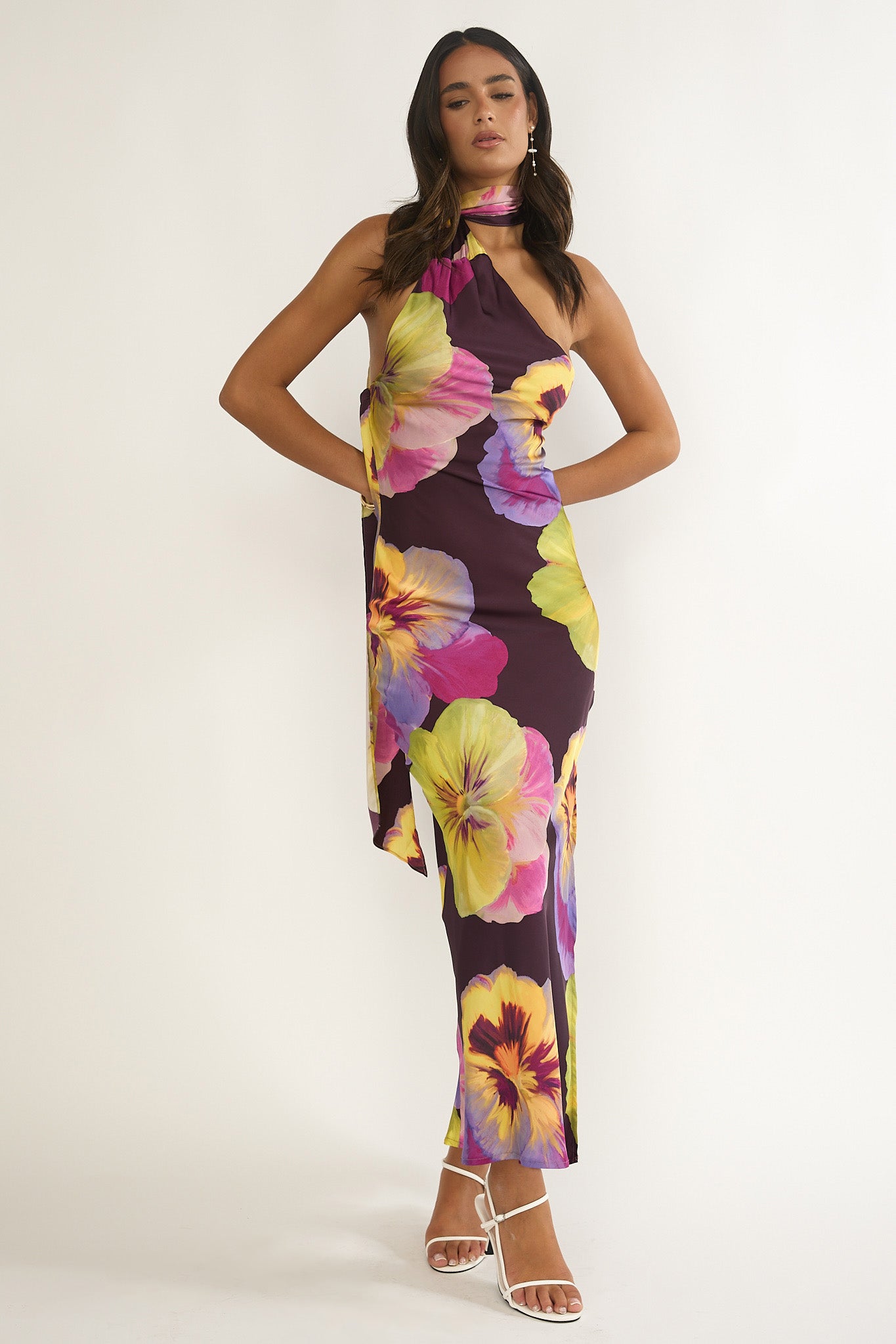 Ilyse Open Cowl Back Maxi Dress Pansies Plum by Selfie Leslie Australia