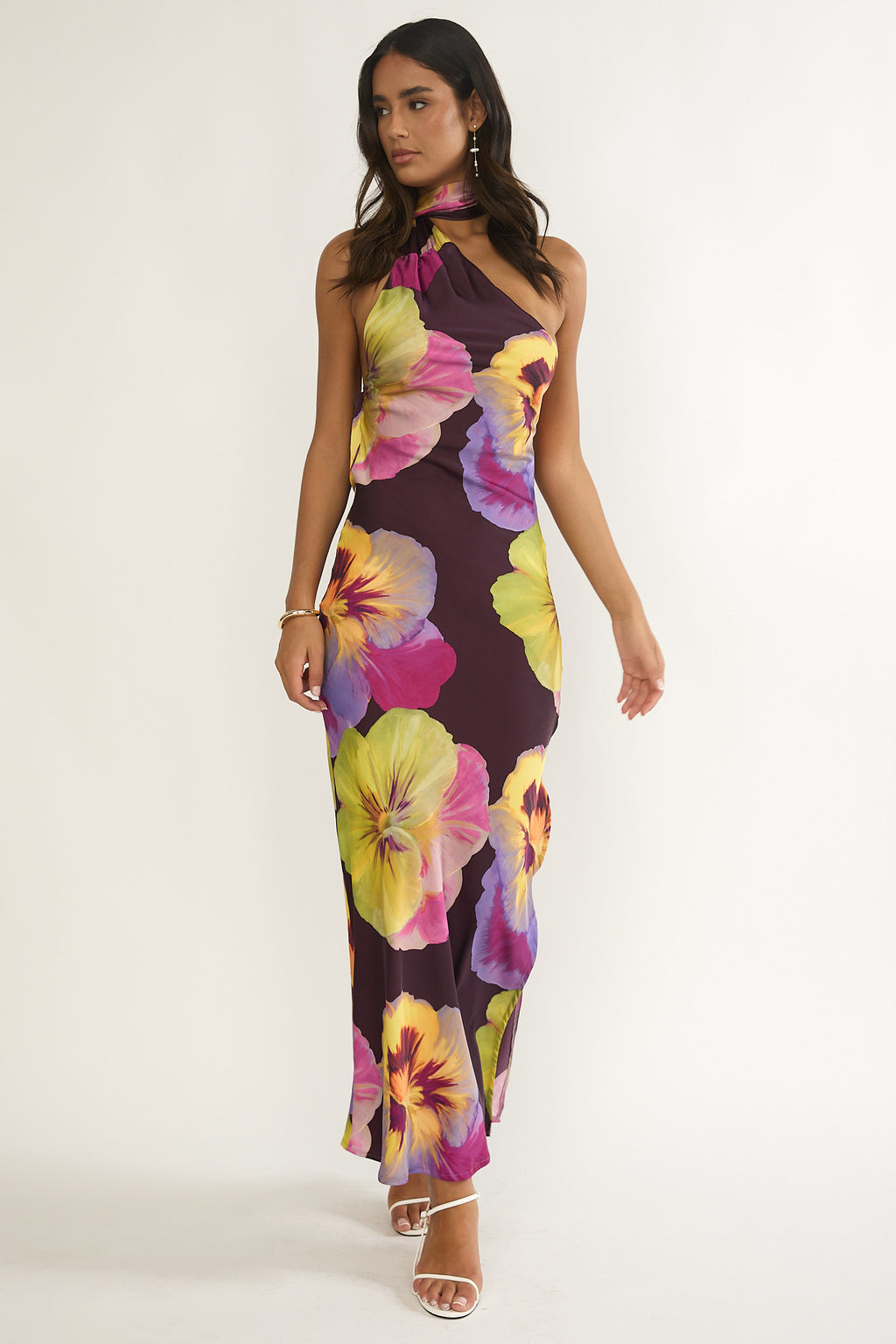 Ilyse Open Cowl Back Maxi Dress Pansies Plum by Selfie Leslie Australia