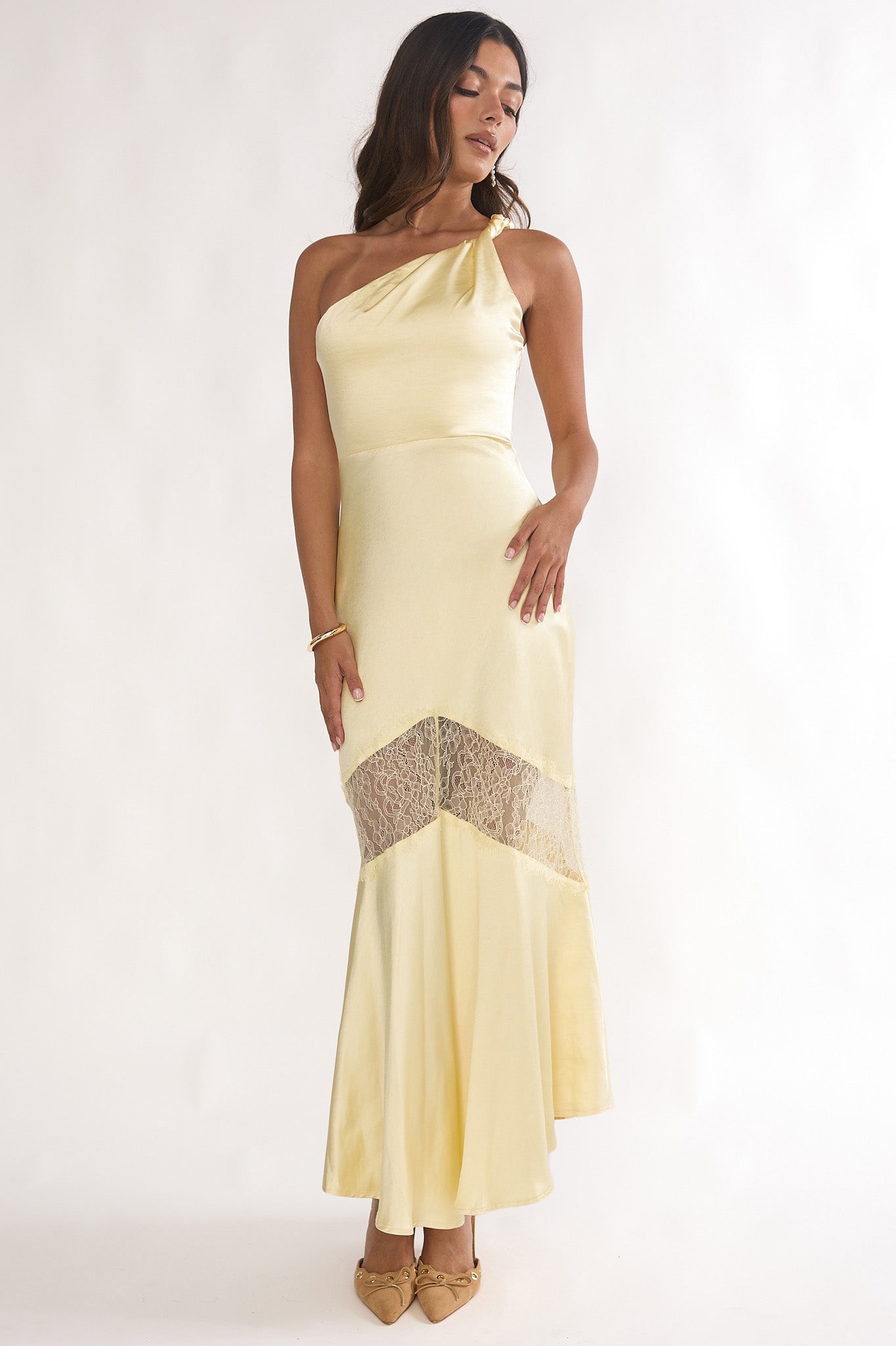 Avielle Lace Trim One-Shoulder Maxi Dress Butter by Selfie Leslie Australia