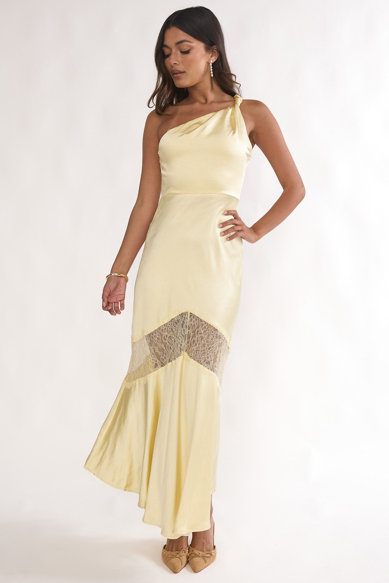 Avielle Lace Trim One-Shoulder Maxi Dress Butter by Selfie Leslie Australia