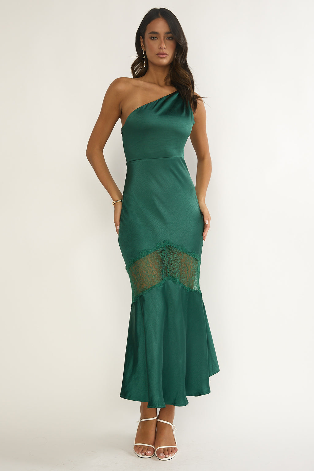 Avielle Lace Trim One-Shoulder Maxi Dress Forest Green by Selfie Leslie Australia
