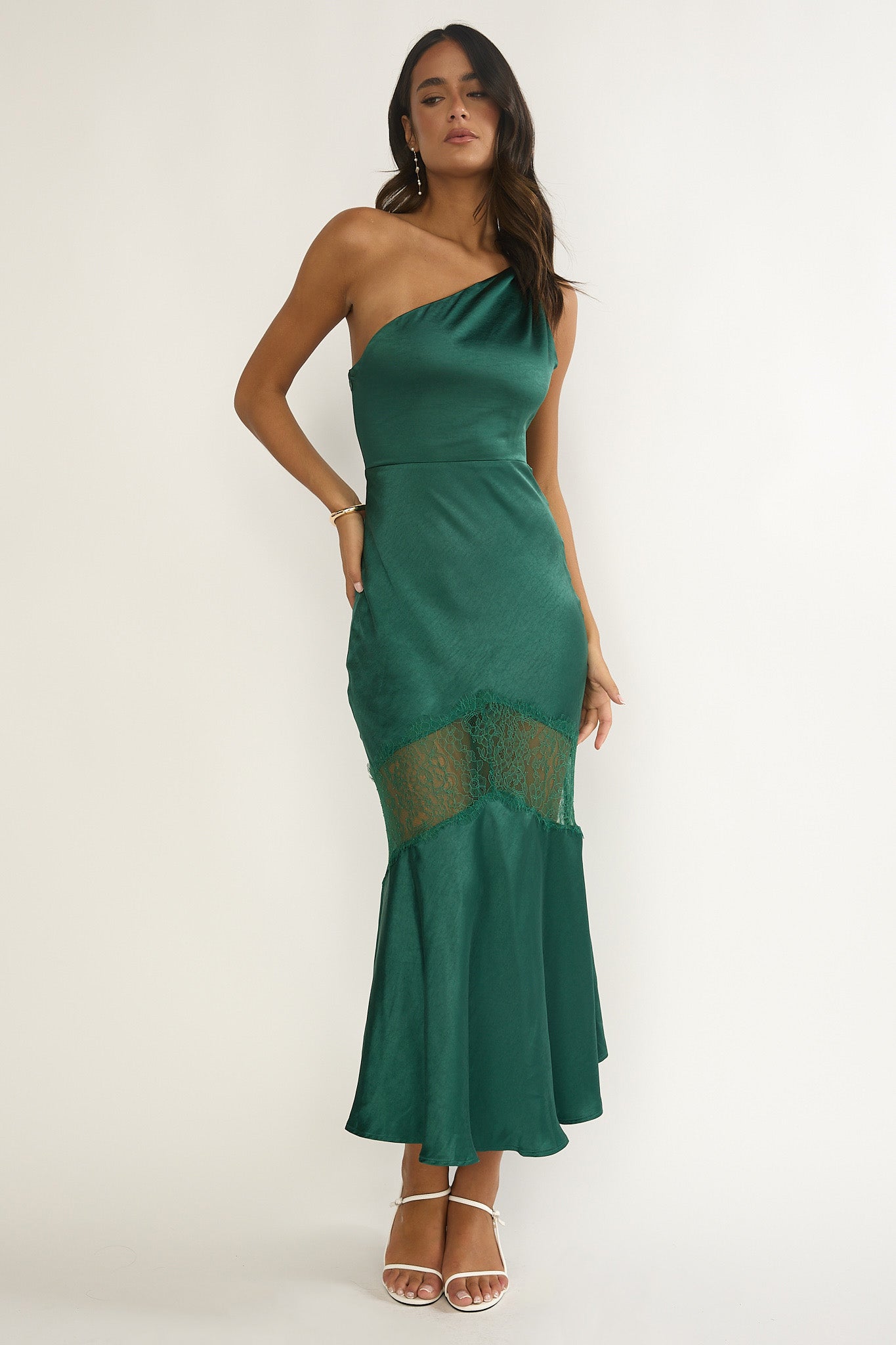 Avielle Lace Trim One-Shoulder Maxi Dress Forest Green by Selfie Leslie Australia