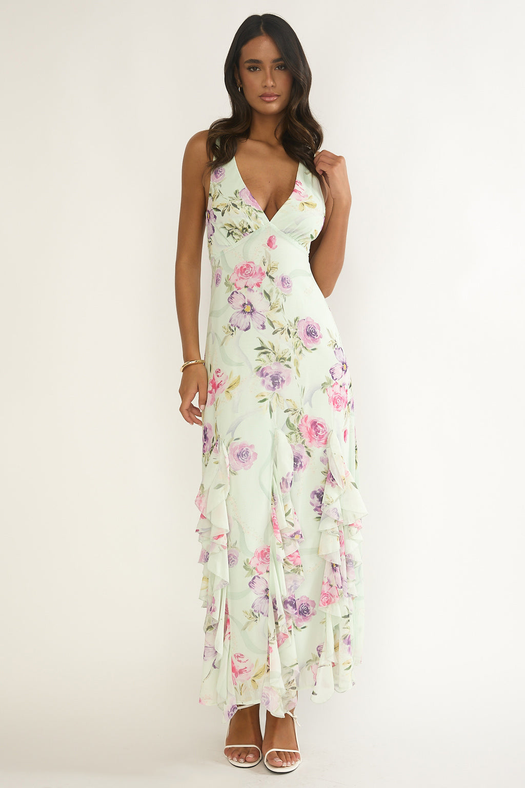 Elenya Strappy Back Ruffle Trim Maxi Dress Mint Floral by Selfie Leslie Australia