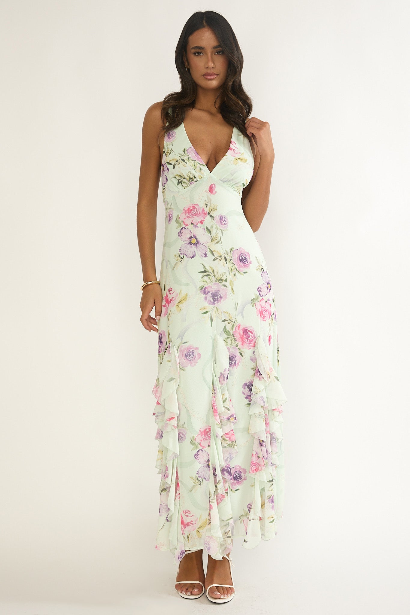 Elenya Strappy Back Ruffle Trim Maxi Dress Mint Floral by Selfie Leslie Australia