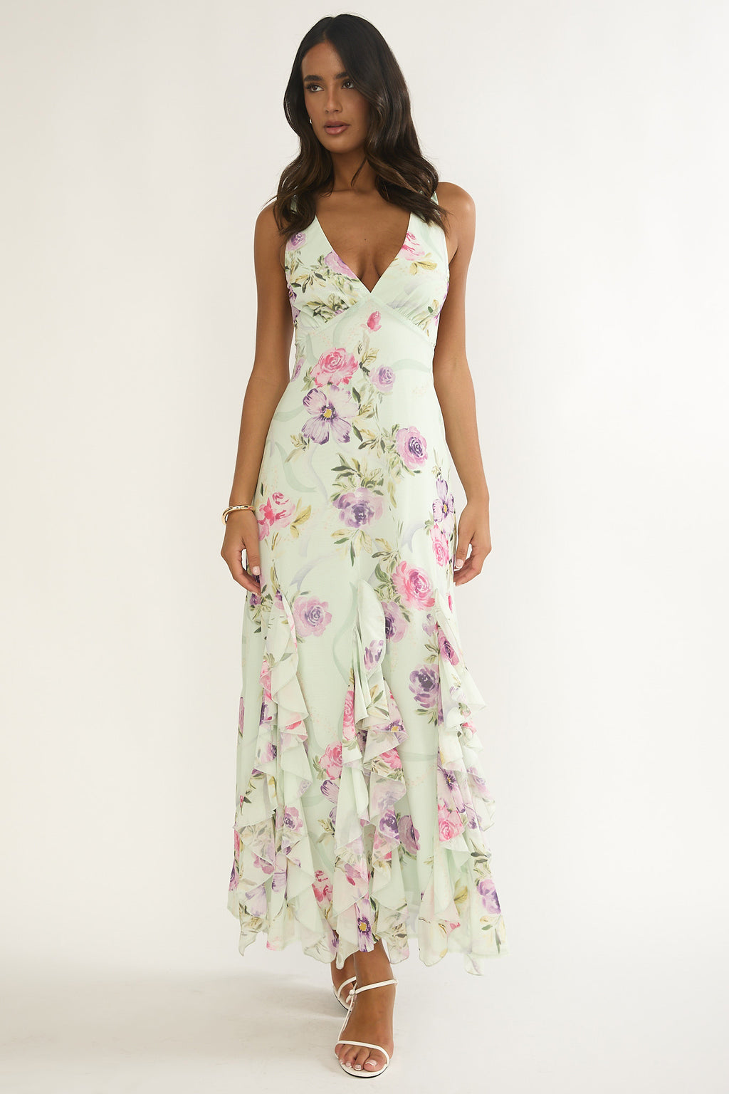 Elenya Strappy Back Ruffle Trim Maxi Dress Mint Floral by Selfie Leslie Australia
