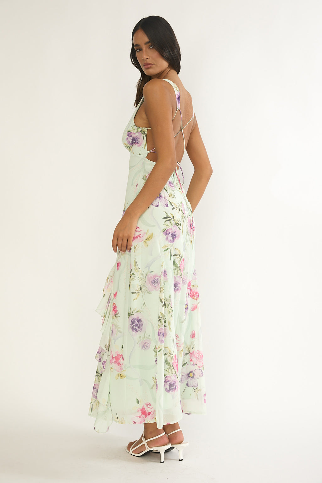Elenya Strappy Back Ruffle Trim Maxi Dress Mint Floral by Selfie Leslie Australia