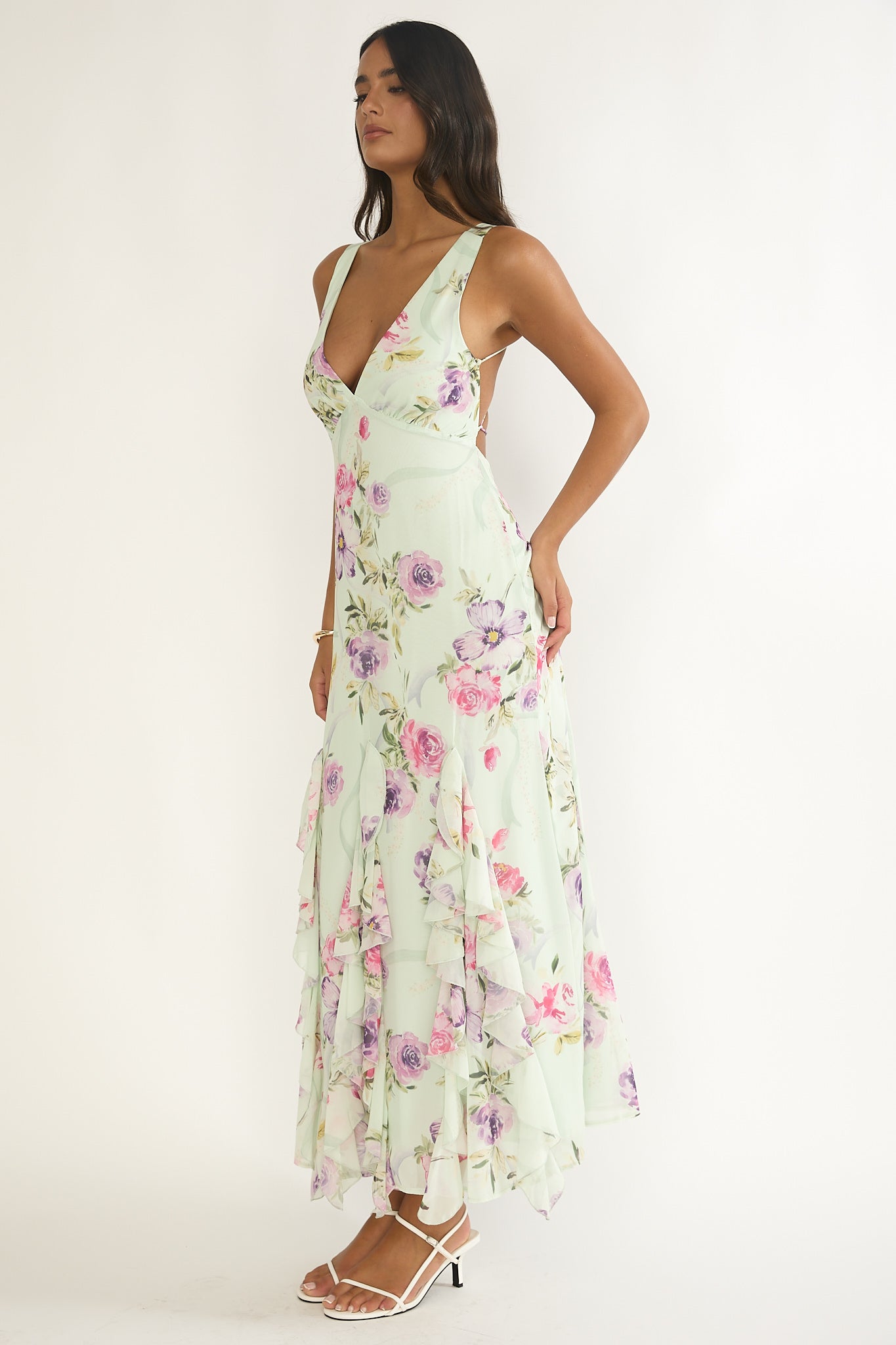 Elenya Strappy Back Ruffle Trim Maxi Dress Mint Floral by Selfie Leslie Australia