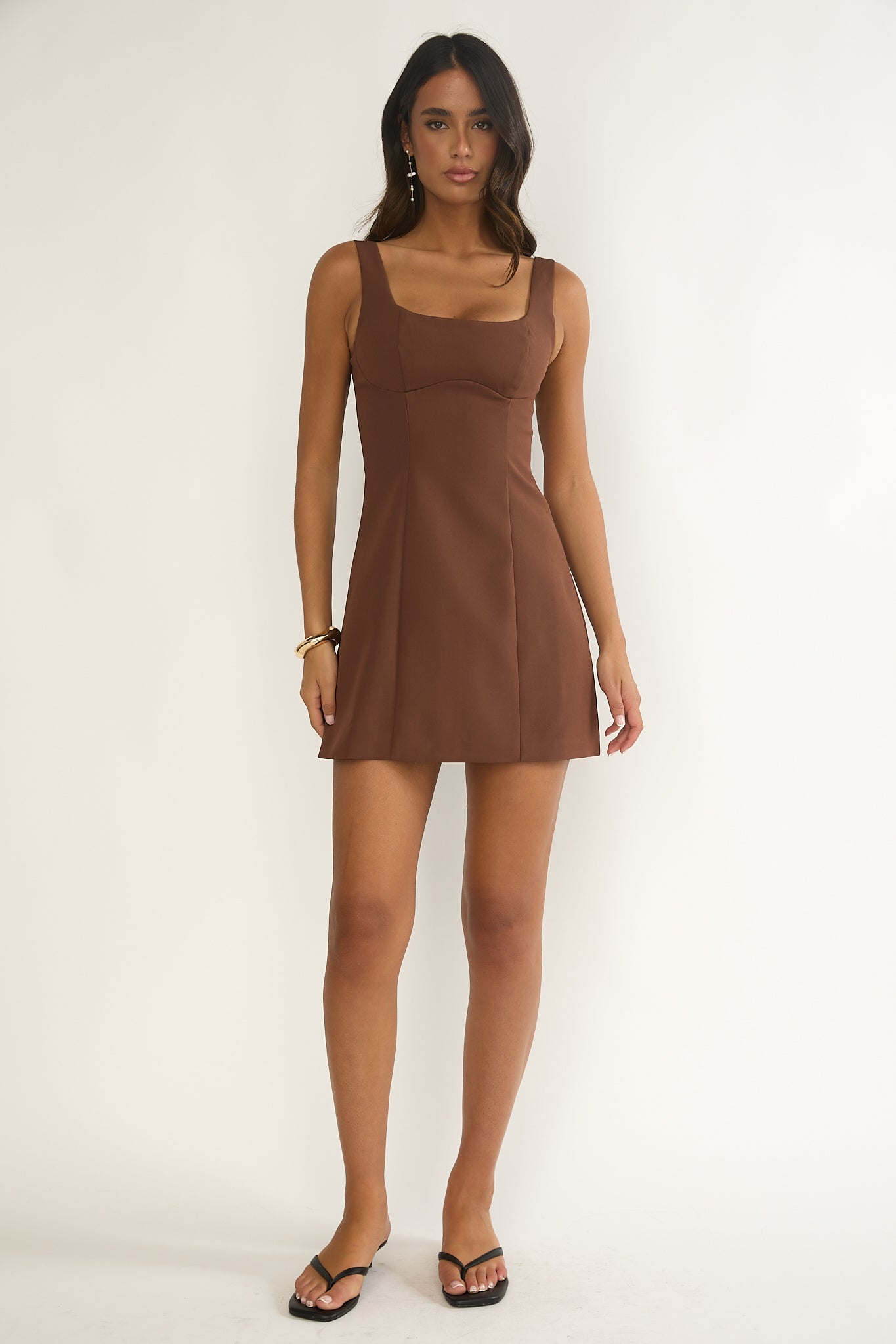 Saryna Square Neckline Mini Dress Coffee by Selfie Leslie Australia