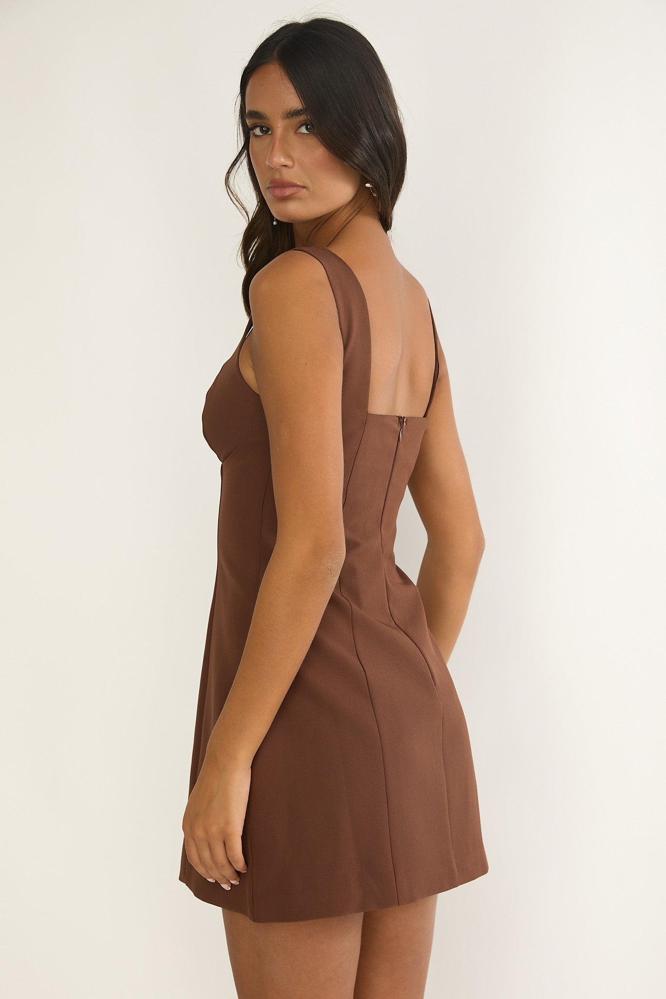 Saryna Square Neckline Mini Dress Coffee by Selfie Leslie Australia