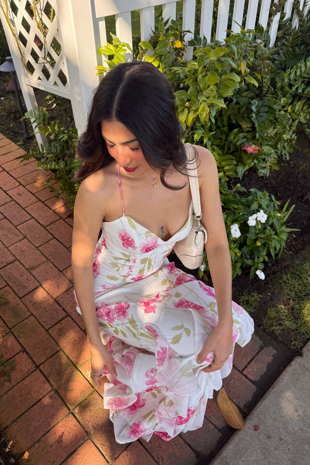 Charlisa Strappy Back Ruffle Maxi Dress Flowers White by Selfie Leslie Australia