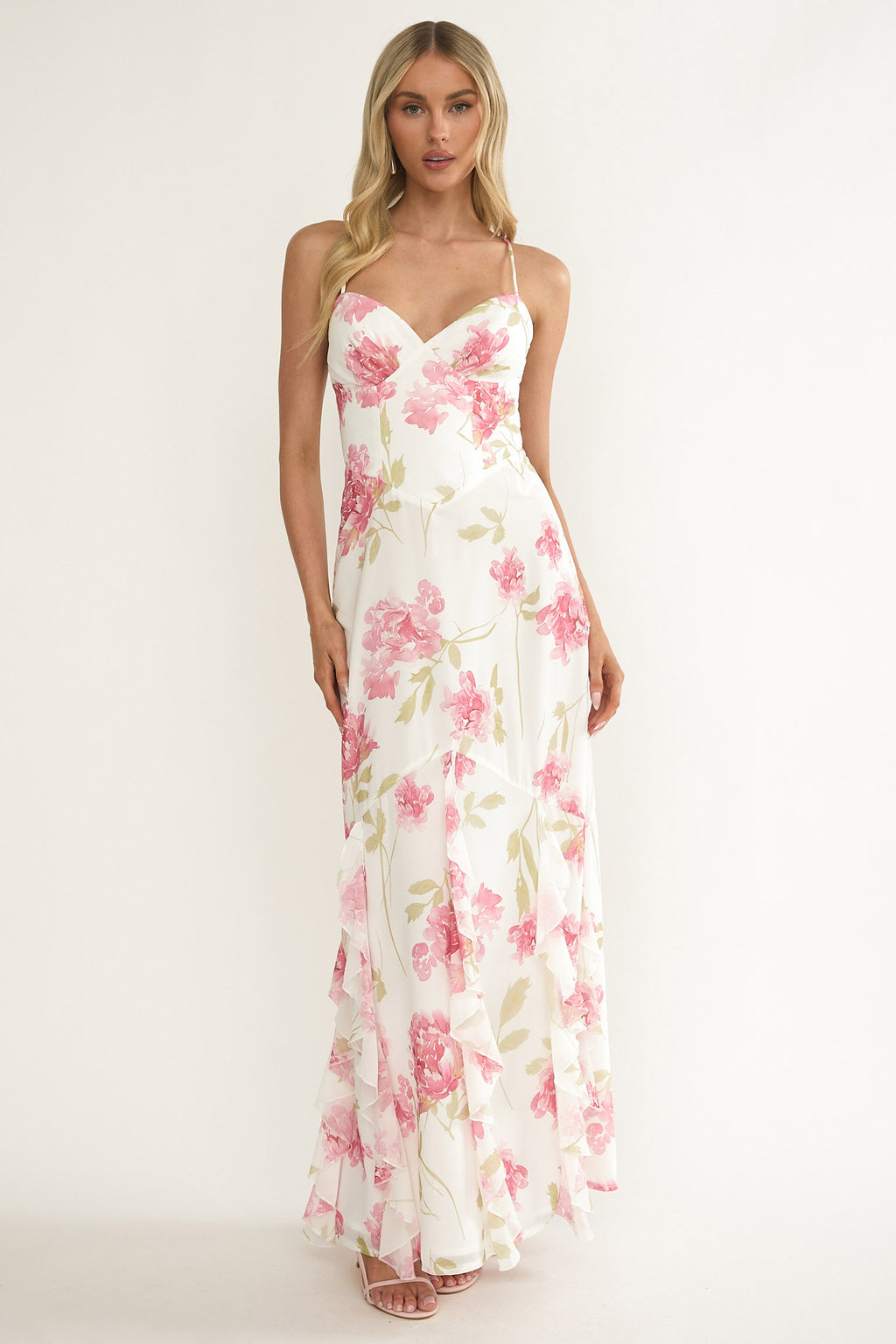 Charlisa Strappy Back Ruffle Maxi Dress Flowers White by Selfie Leslie Australia