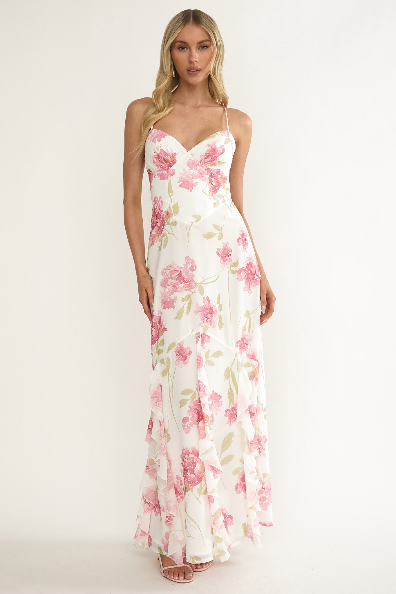 Charlisa Strappy Back Ruffle Maxi Dress Flowers White by Selfie Leslie Australia