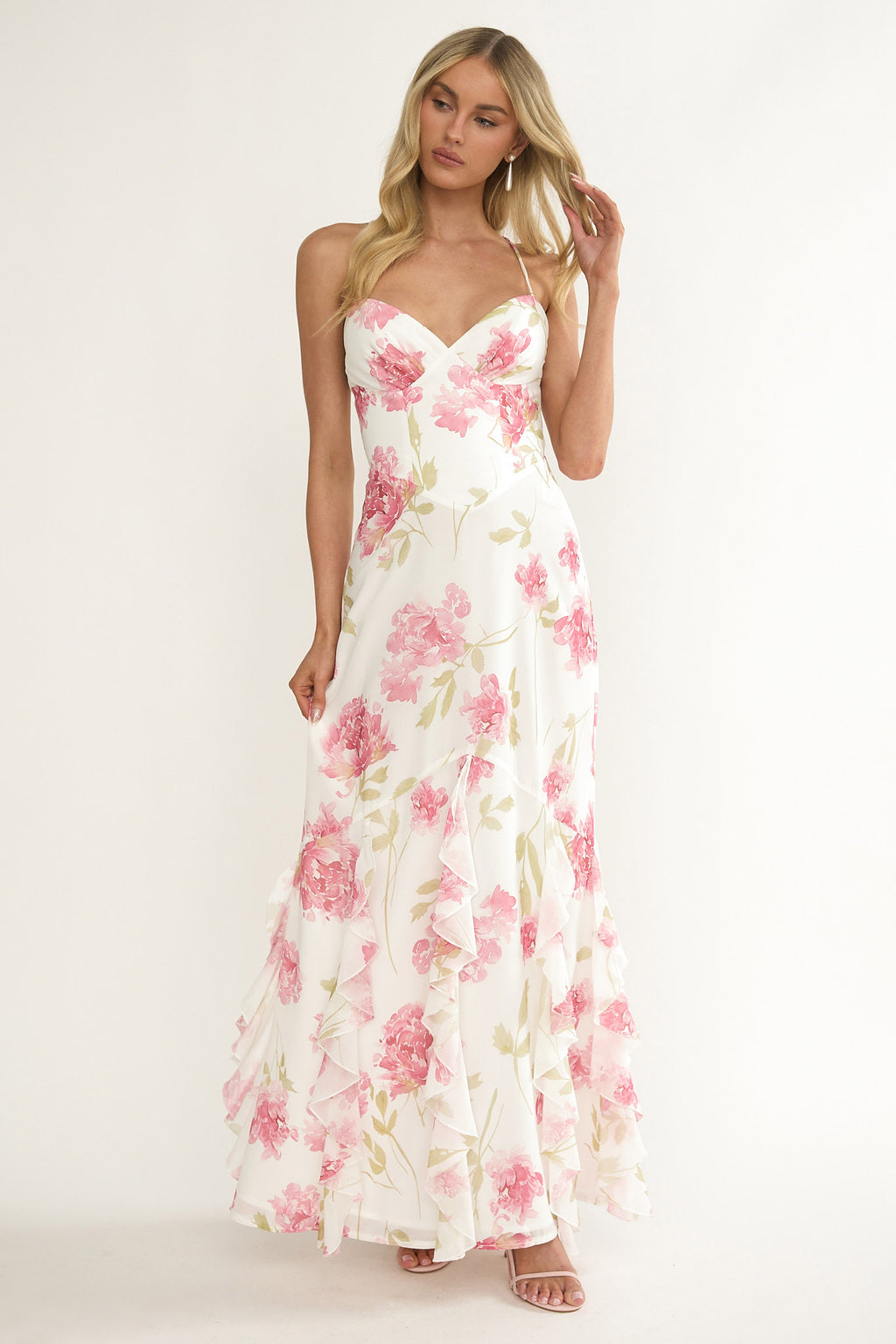 Charlisa Strappy Back Ruffle Maxi Dress Flowers White by Selfie Leslie Australia