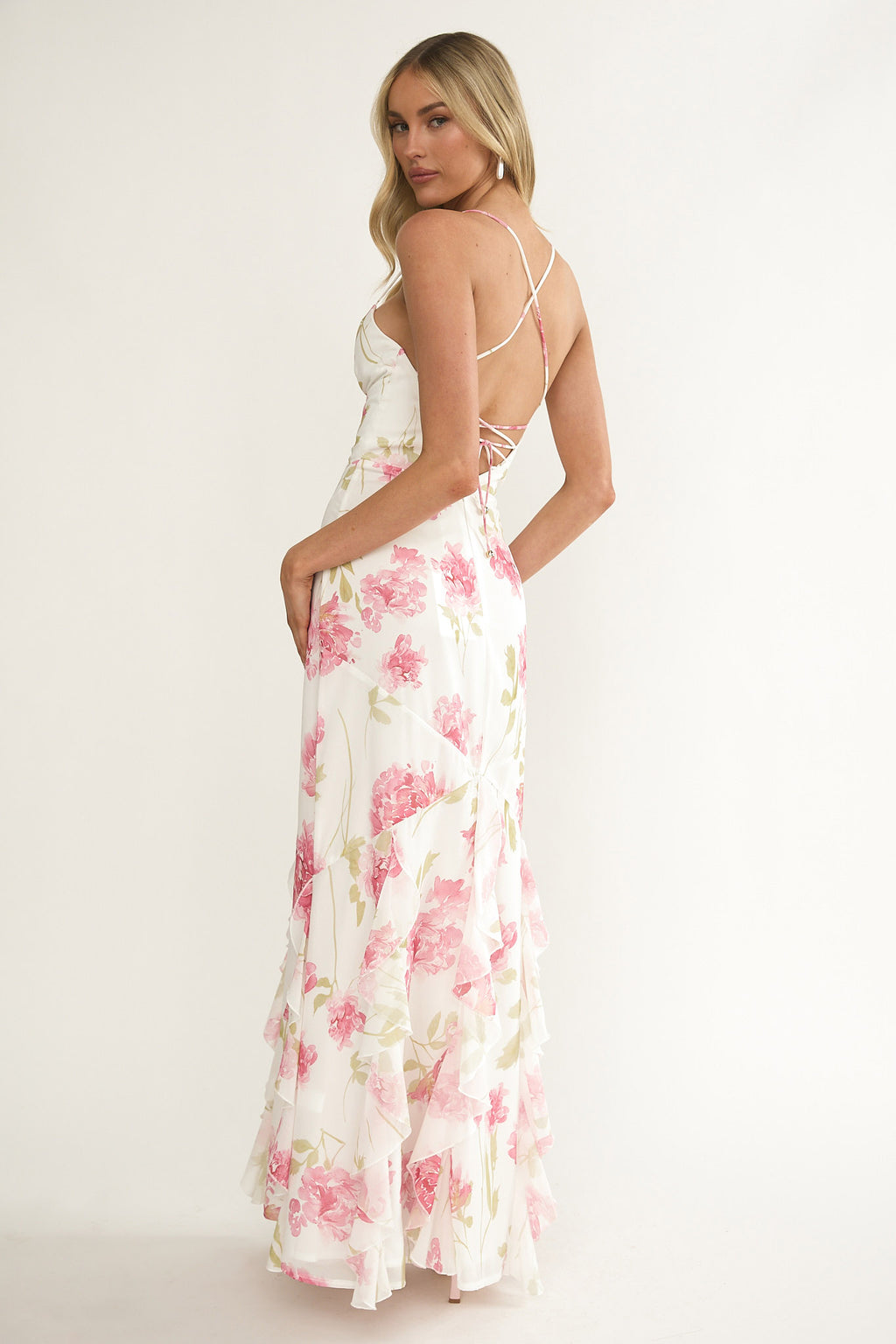 Charlisa Strappy Back Ruffle Maxi Dress Flowers White by Selfie Leslie Australia
