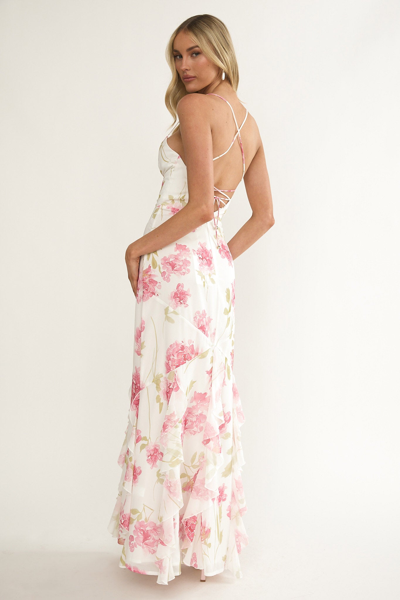 Charlisa Strappy Back Ruffle Maxi Dress Flowers White by Selfie Leslie Australia