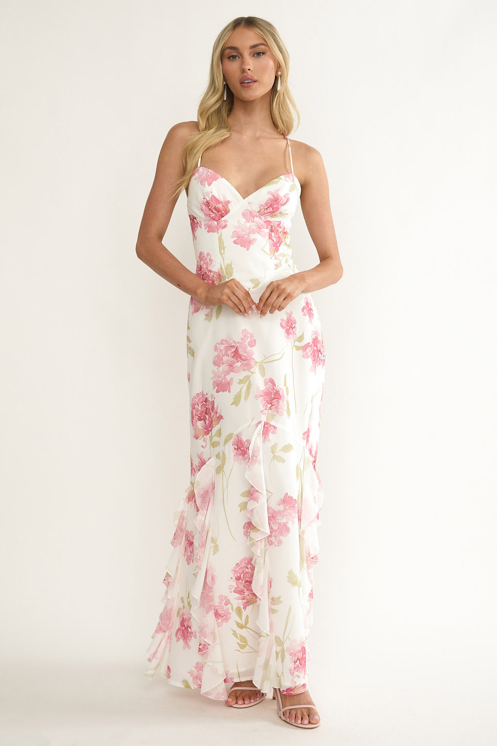 Charlisa Strappy Back Ruffle Maxi Dress Flowers White by Selfie Leslie Australia