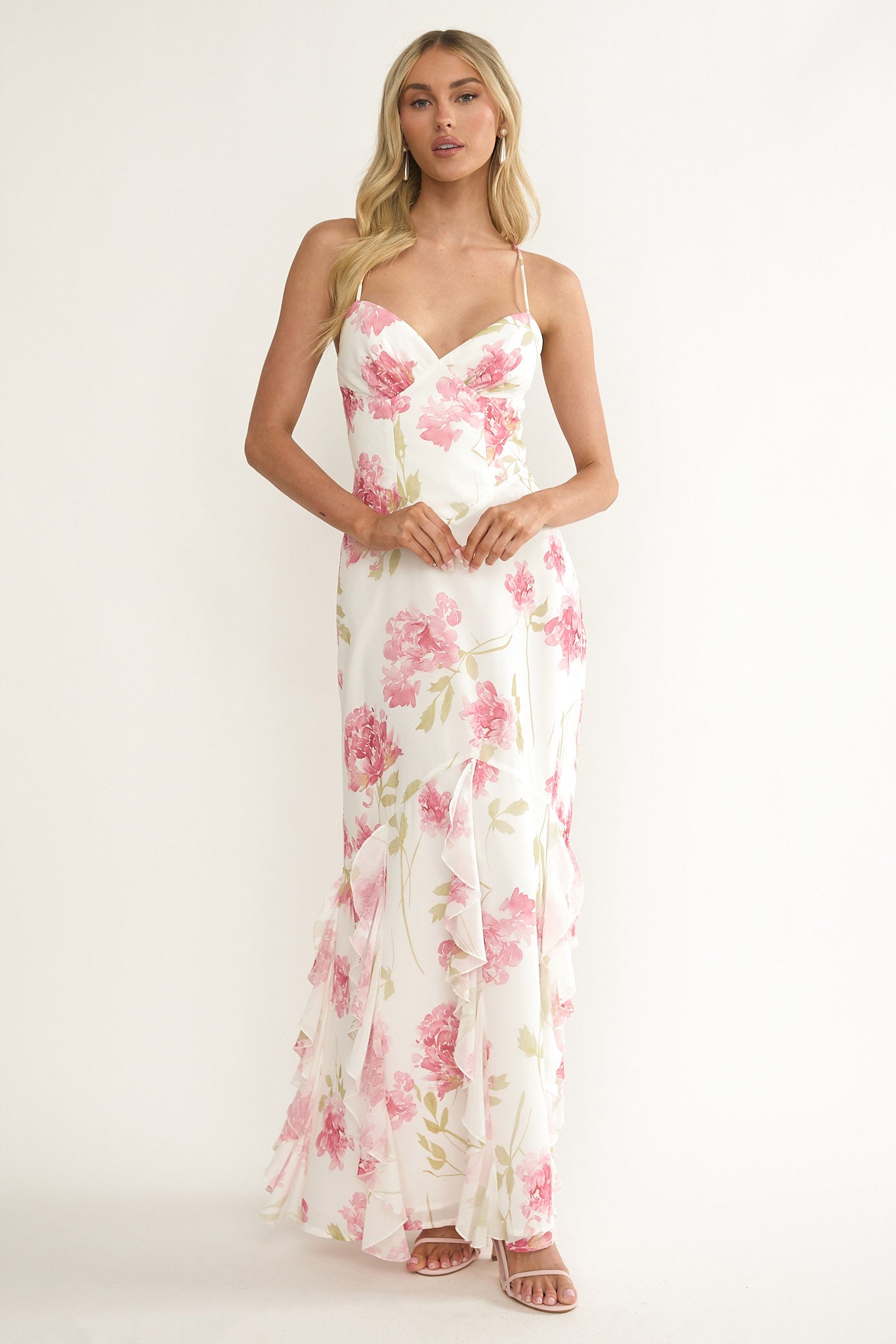 Charlisa Strappy Back Ruffle Maxi Dress Flowers White by Selfie Leslie Australia