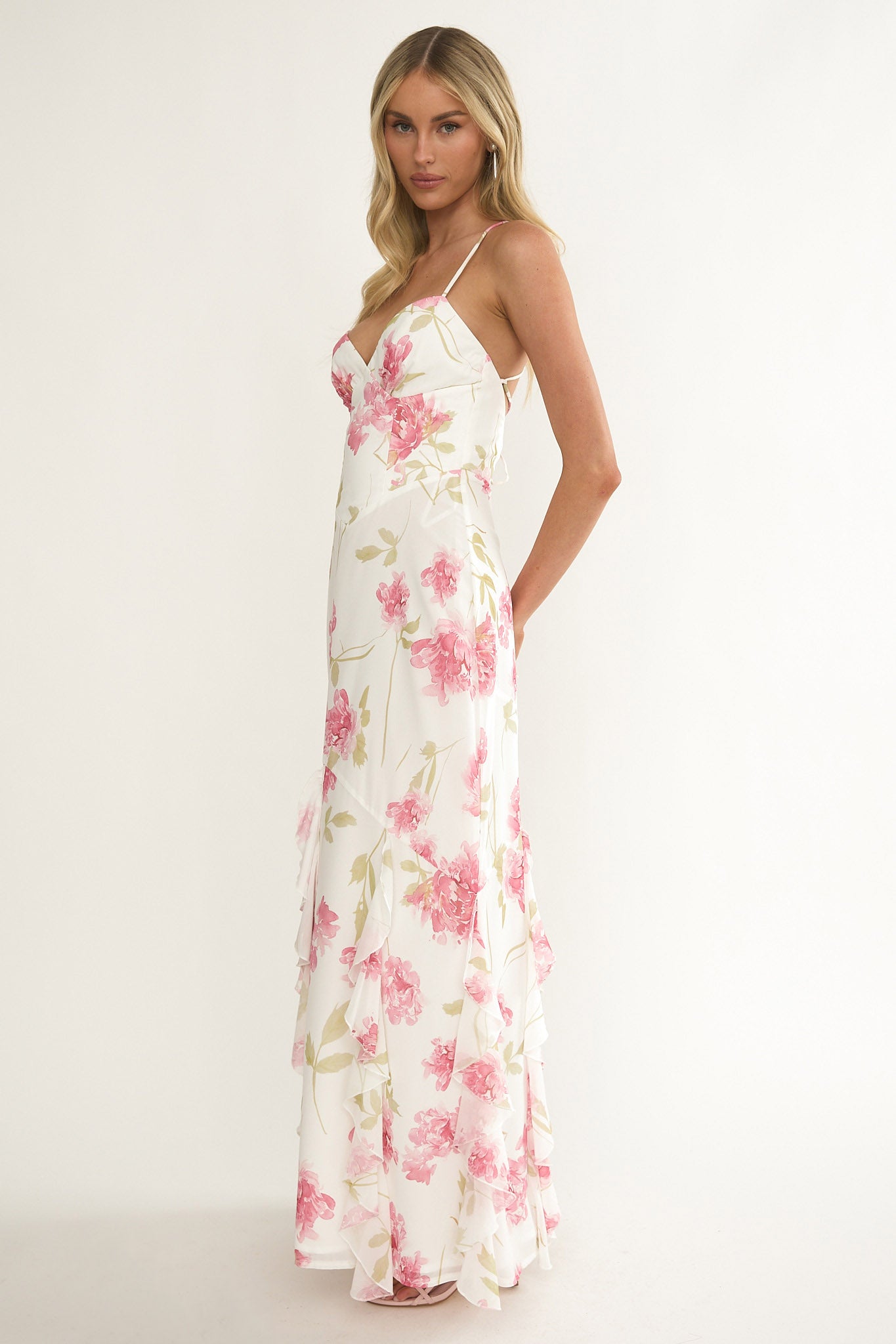 Charlisa Strappy Back Ruffle Maxi Dress Flowers White by Selfie Leslie Australia