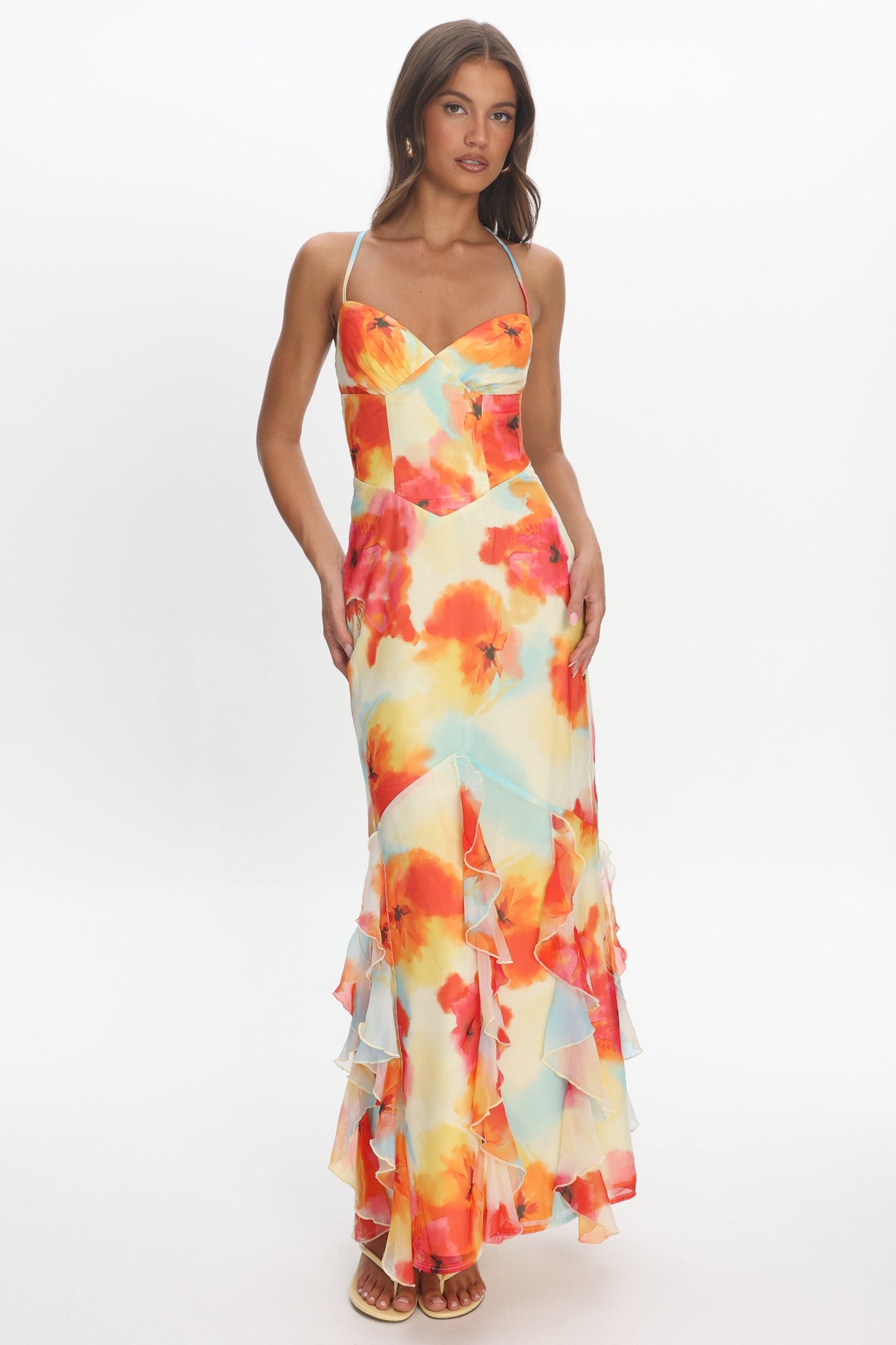 Charlisa Strappy Back Ruffle Maxi Dress Flowers Orange
